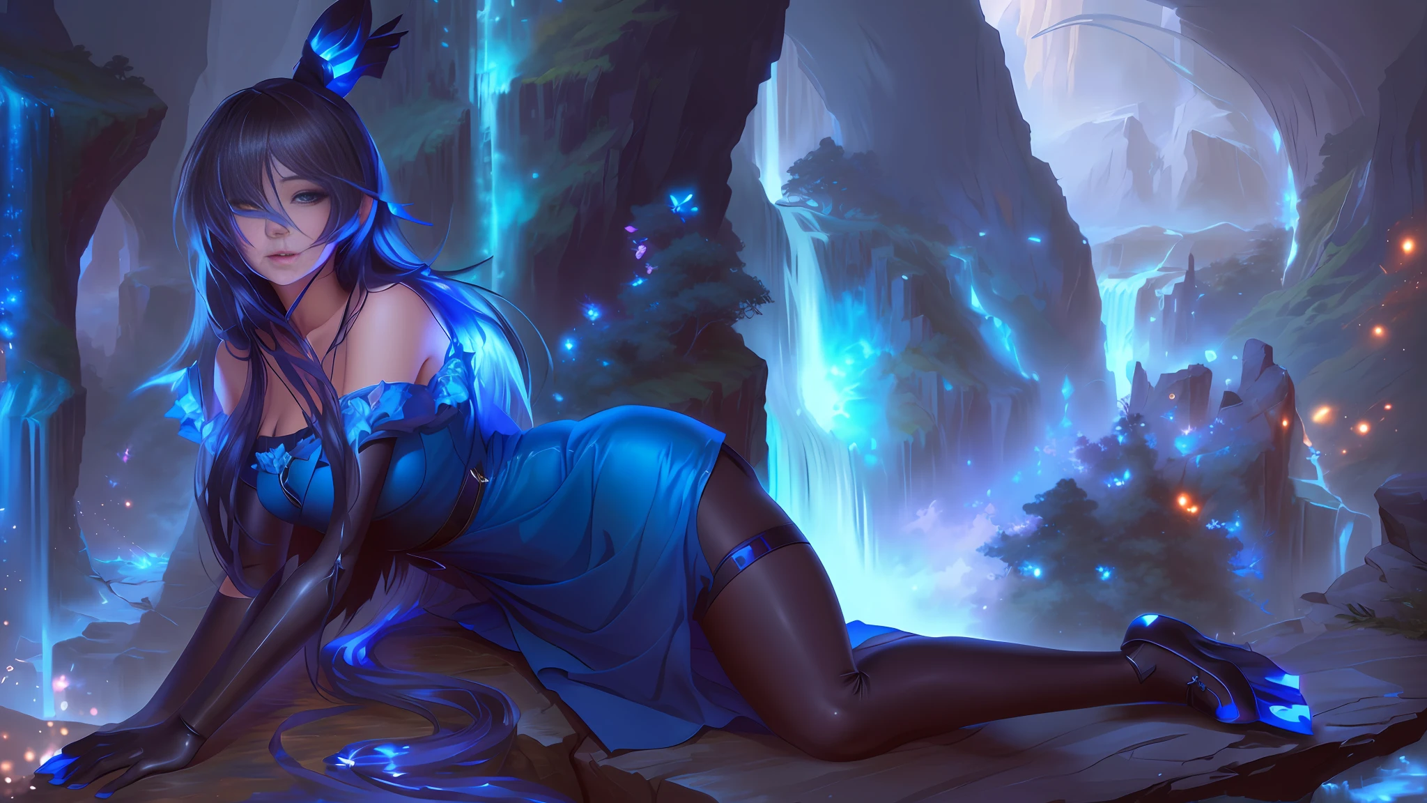 anime girl in a blue dress sitting on a rock in front of a waterfall, digital art fantasy art, beautiful alluring anime woman, deviantart artstation cgscosiety, fantasy art style, 2. 5 d cgi anime fantasy artwork, anime fantasy artwork, beautiful fantasy art, fantasy style art, fantasy digital art, hd fantasy art, 4k fantasy art
