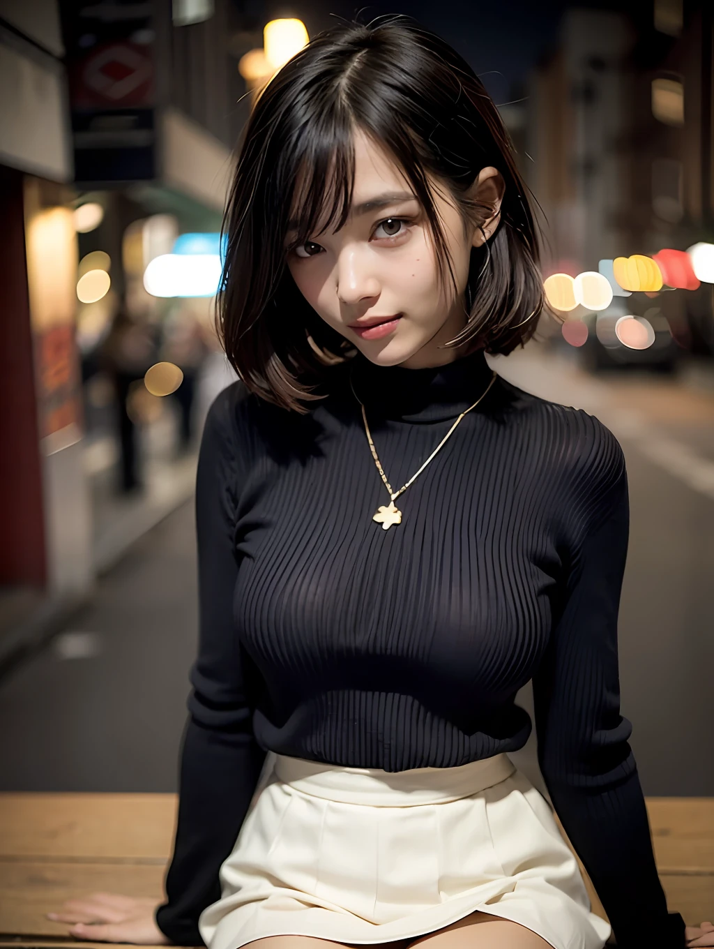 18 year old girl with perfect face and big breasts, right hand touching hair, cute clothes, slim and slender physique. The skin has detailed and highly detailed eyes (1.1 emphasis), very detailed skin texture (1.1 emphasis). Slender necklace, model photo style, photorealistic, skin texture is real human skin texture, detailed skin pores, intricate details, eyes very detailed, black knitted sweater: 2, white jumper skirt, from the knee up, attractive sexy chibi, smile, smile, street, selfie pose: 2, mashed short hair: 3, night