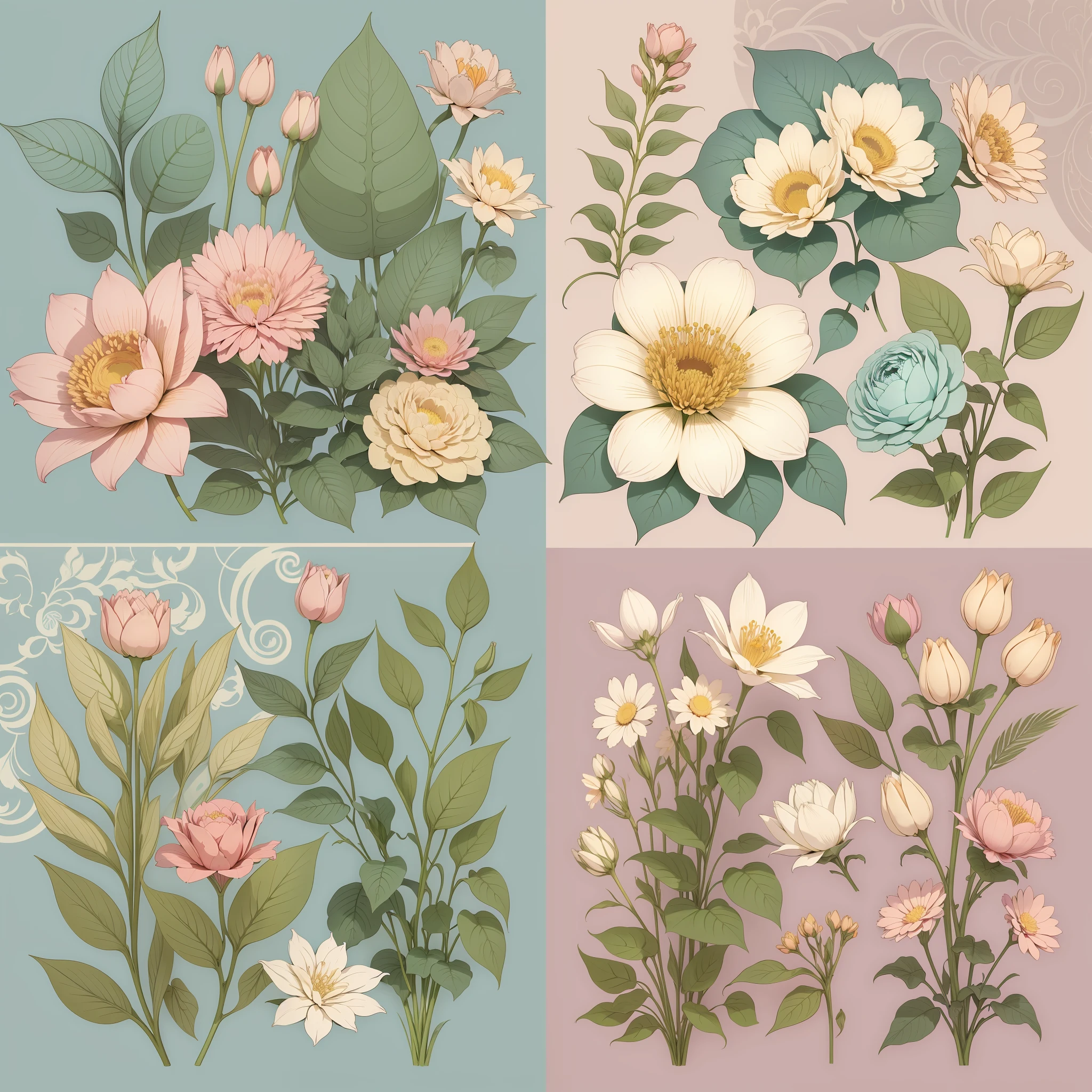 Set pattern of large flowers with plants and vines, defined shape, flat style, vector style, drawing style, naïve style, wallpaper style, in soft pastel colors such as old pink, pastel blue, light blue, beige, pastel violet, pastel yellow and white. No shadows in the images.