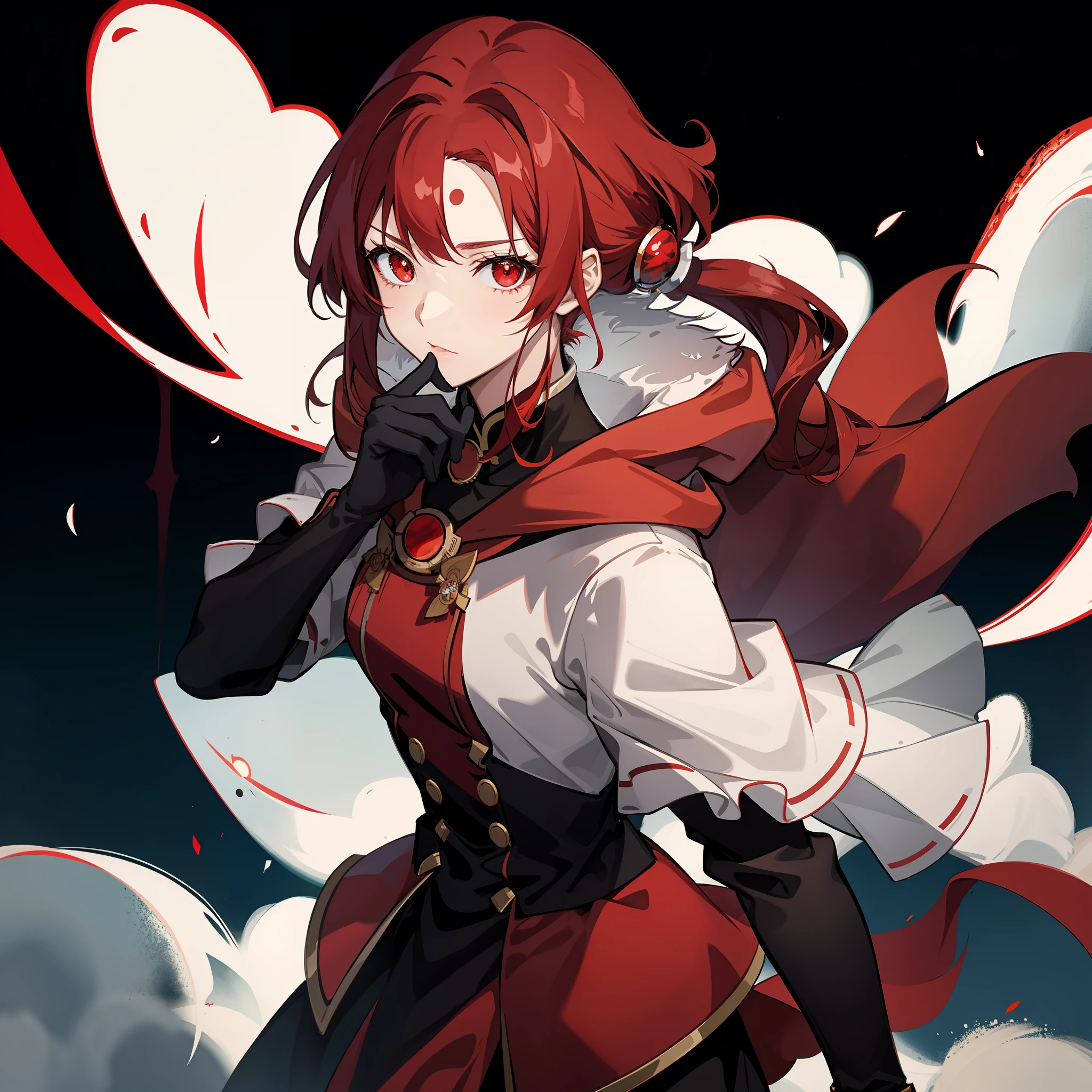 Only 1 girl, red ponytail hair, red eyes, wearing a red chinese coat, beautiful anime girl, holding a blackhole, mature girl, no pupils