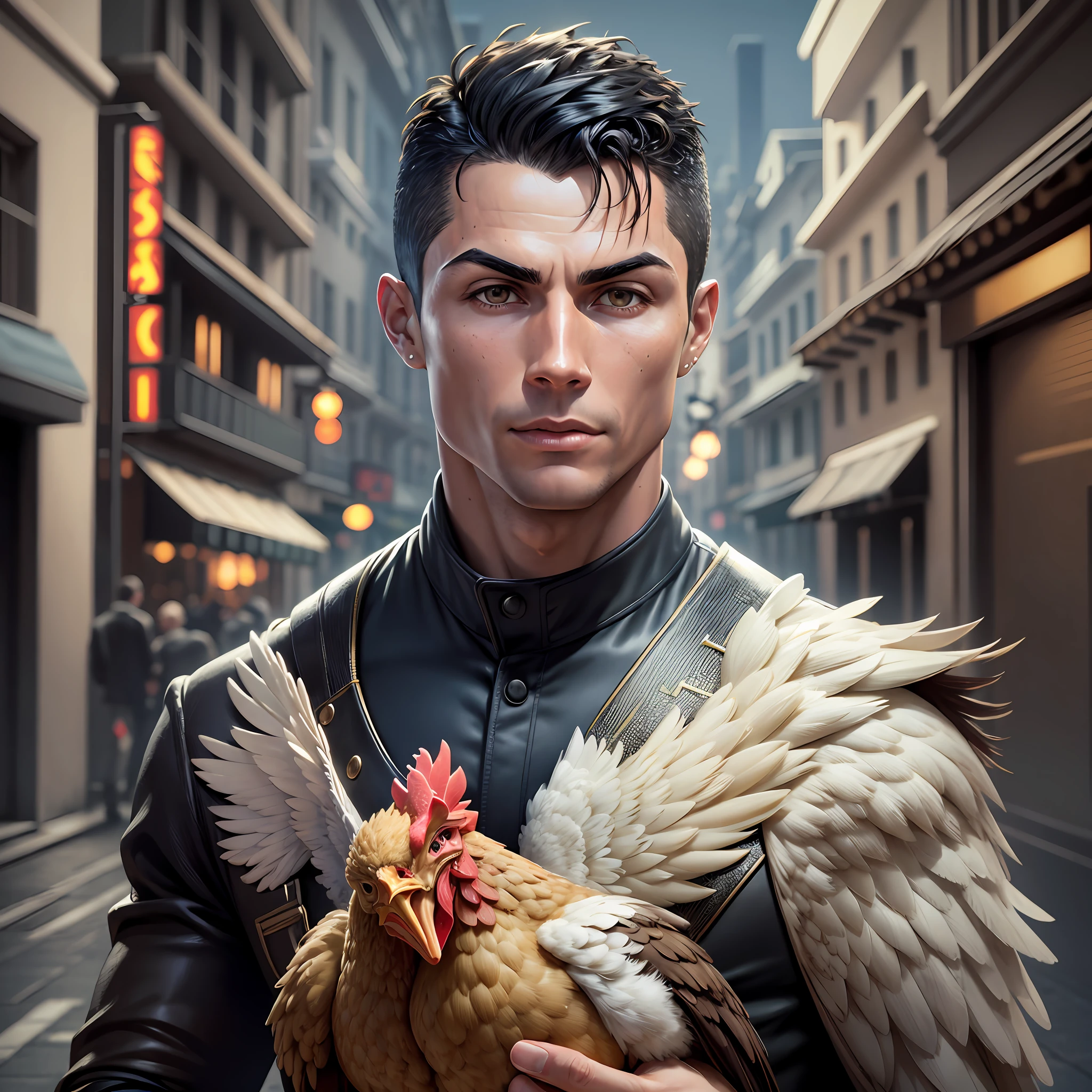Cristiano Ronaldo holding chicken, 8k, high definition, detailed face, detailed face, detailed eyes, hyper-realistic, + cinematic shot + dynamic composition, incredibly detailed, sharpness, details + night with light + perfectionism + award-winning realism ((ambient lighting)) --auto --s2