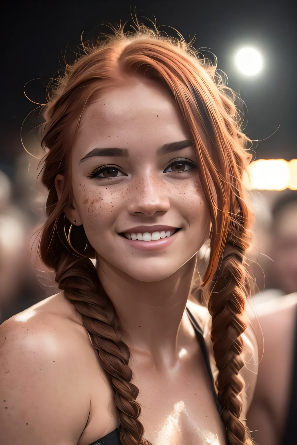 (((full body))),((wide shot)),wide shot of cute redhead woman posing at concert, freckles, (night:1.5), (skin blemishes), (bracelets1.3),(muscular body:1.3), (nude:1.2),(long braids:1.3), (concert crowd:1.5), (touched by men:1.5),(high contrast:1.3), (shot on iphone 7:1.1), (hyper detailed :1.2), (smiling:1.3), (crowd:1.4)
trending on Artstation 8k HD high definition detailed, detailed, skin texture, hyper detailed,skin texture, best quality, ultra high res, high resolution, detailed, raw photo, sharp re, by lee jeffries, nikon d850, film stock photograph, f1.6 lens, rich colors, hyper realistic texture, dramatic lighting, cinestill 800,