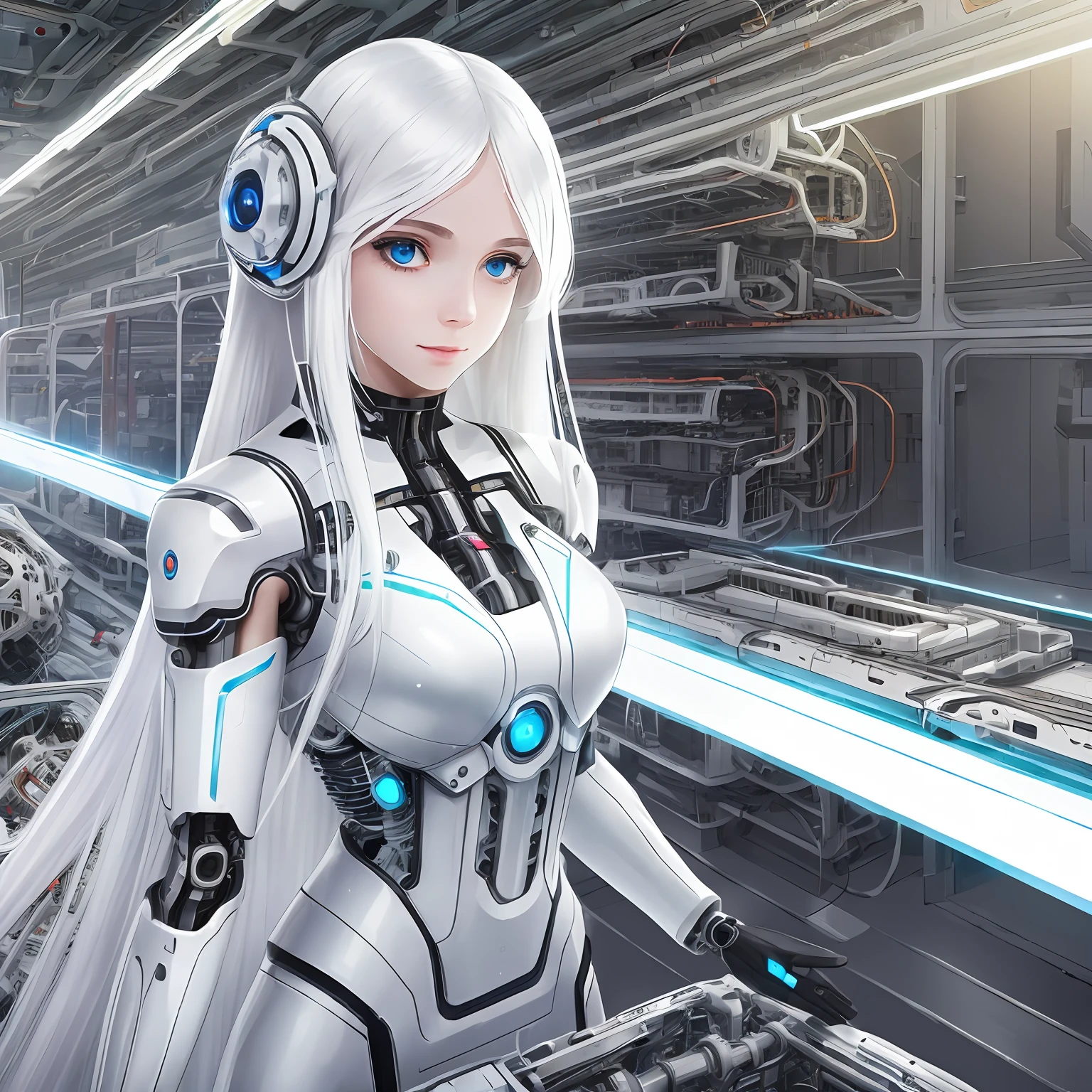 (1girl:1.3), (long white hair:1.2), white skin, wearing cybernetic dress (technological:0.7), car workshop backdrop, (indirect daylighting:0.5), (mechanical arms:1.4) electronic (metal),