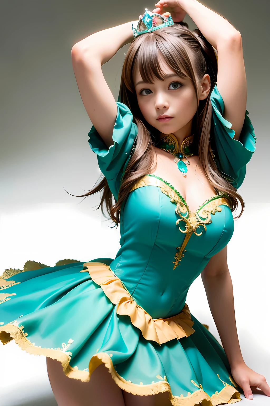 (best quality, 8k, 32k, masterpiece, uhd:1.2), (RAW photo), (realistic:1.13), (photorealistic:1.12), (absurdres, high resolution), (ultra detailed), (huge filesize:1.2), 1girl, (loli:1.3), cute, japanese, extremely detailed beautiful face & eyes, cleavage, small face, thin waist, thin thighs, slender body, (cowboy shot:1.15), (sweaty:1.2), bare legs, emerald tutu, tiara, Primaballerina_tutu,