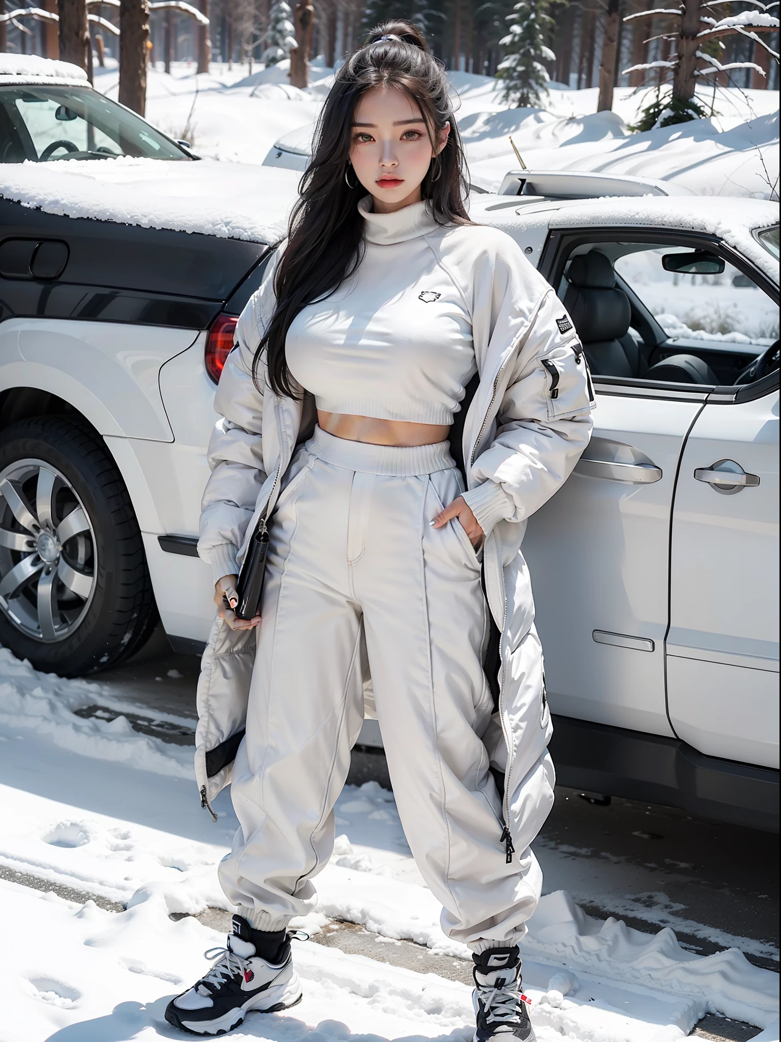 (Female: 1.2), (Big breasts: 1.2), (Mullet head), (Ring finger diamond ring) (White sweater, down jacket), (Long pants), (Black and white shoes), (Winter clothes), Full body, Masterpiece, Realism