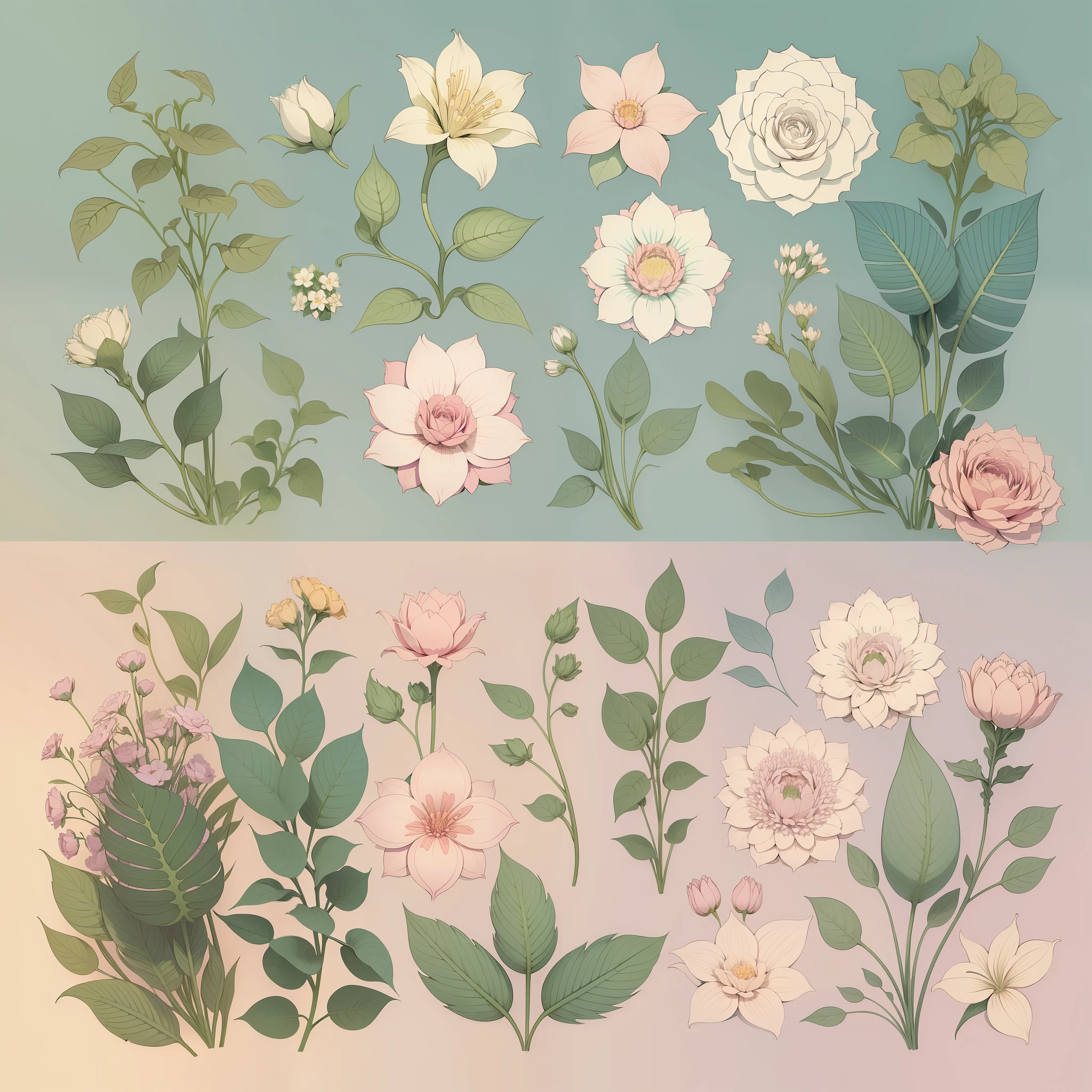 Set pattern of large flowers with plants and vines, defined shape, flat style, vector style, drawing style, naïve style, wallpaper style, in soft pastel colors such as old pink, pastel blue, light blue, beige, pastel violet, pastel yellow and white. No shadows in the images.
