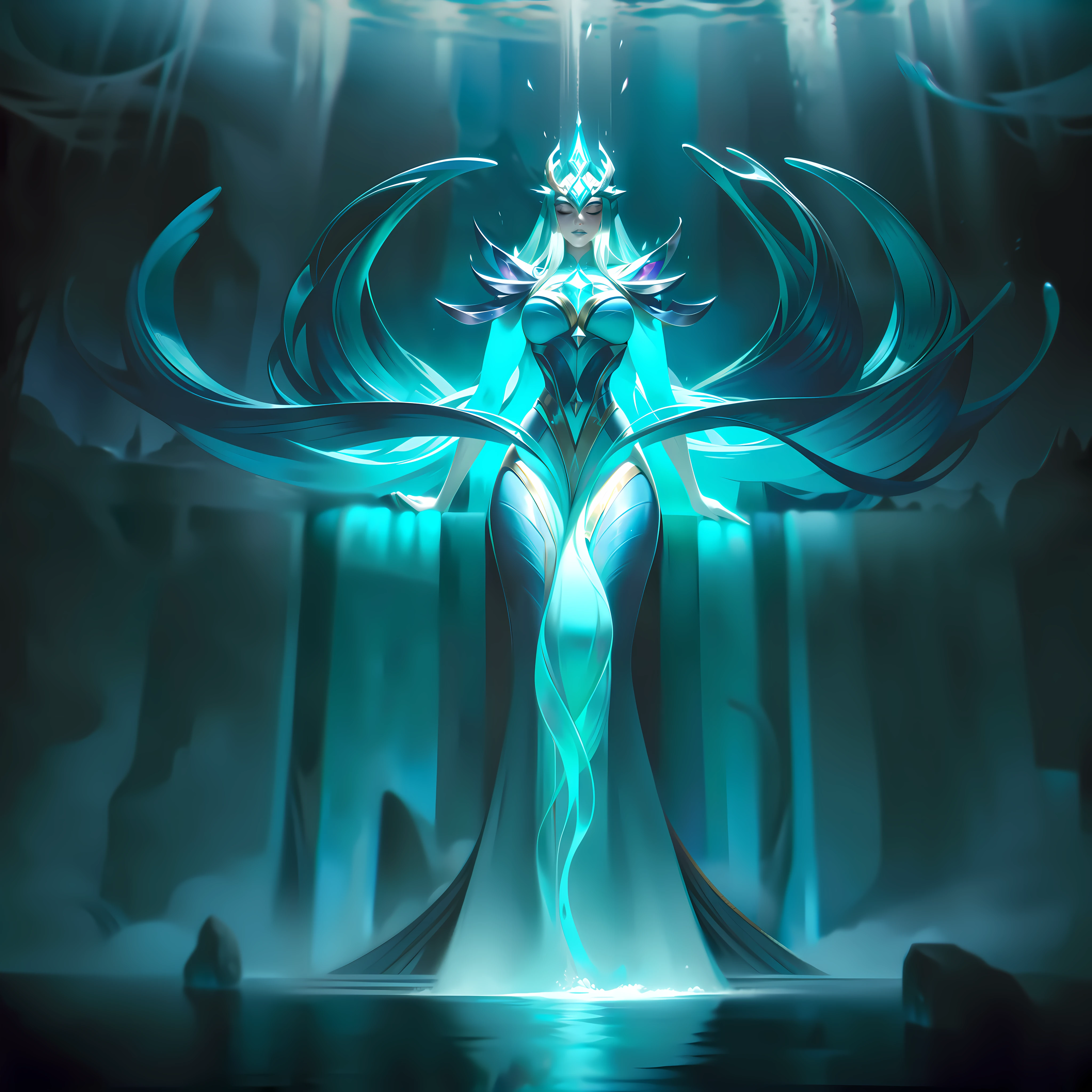 Karlete, the Aquamancer, is depicted in their splashart as a powerful and captivating human mage, wielding the elemental forces of water. The scene is set in a mystical and ethereal landscape, where the beauty and raw power of water come together.

Karlete stands tall and confident, exuding an air of mastery over their elemental powers. They are portrayed as an elegant and enchanting figure, with long flowing hair that shimmers with iridescent hues reminiscent of waterfalls. Their eyes gleam with a deep blue intensity, reflecting the depths of their connection to water magic.

In their outstretched hands, Karlete conjures a swirling cascade of water, forming intricate and spellbinding shapes. The water seems alive, twisting and turning under Karlete's control, symbolizing their command over this elemental force. The water cascades downward, creating a mesmerizing display of fluidity and power.

Karlete's attire is adorned with intricate patterns and symbols that represent the flow and movement of water. Their flowing robes are a blend of deep blues and shimmering aqua tones, mirroring the serene beauty of a tranquil sea. Adornments reminiscent of seashells and corals accentuate their connection to the aquatic realm.

The backdrop of the splashart features a breathtaking landscape, a blend of magical waterfalls, and mystical mist. The waterfalls cascade from towering cliffs, their rush creating a sense of both tranquility and raw power. The mist swirls around Karlete, adding an ethereal and otherworldly quality to the scene.

The color palette is dominated by rich blues and vibrant aqua tones, representing the various shades of water. The play of light and shadow adds depth and dimension, creating a visually captivating composition that draws the viewer's attention to Karlete's mastery over water, splashart, linhas de corpo, cores vibrantes, detalhes requintados, cinematográfico, artstation, rosto detalhado, por rossdraws, por Kienan Lafferty