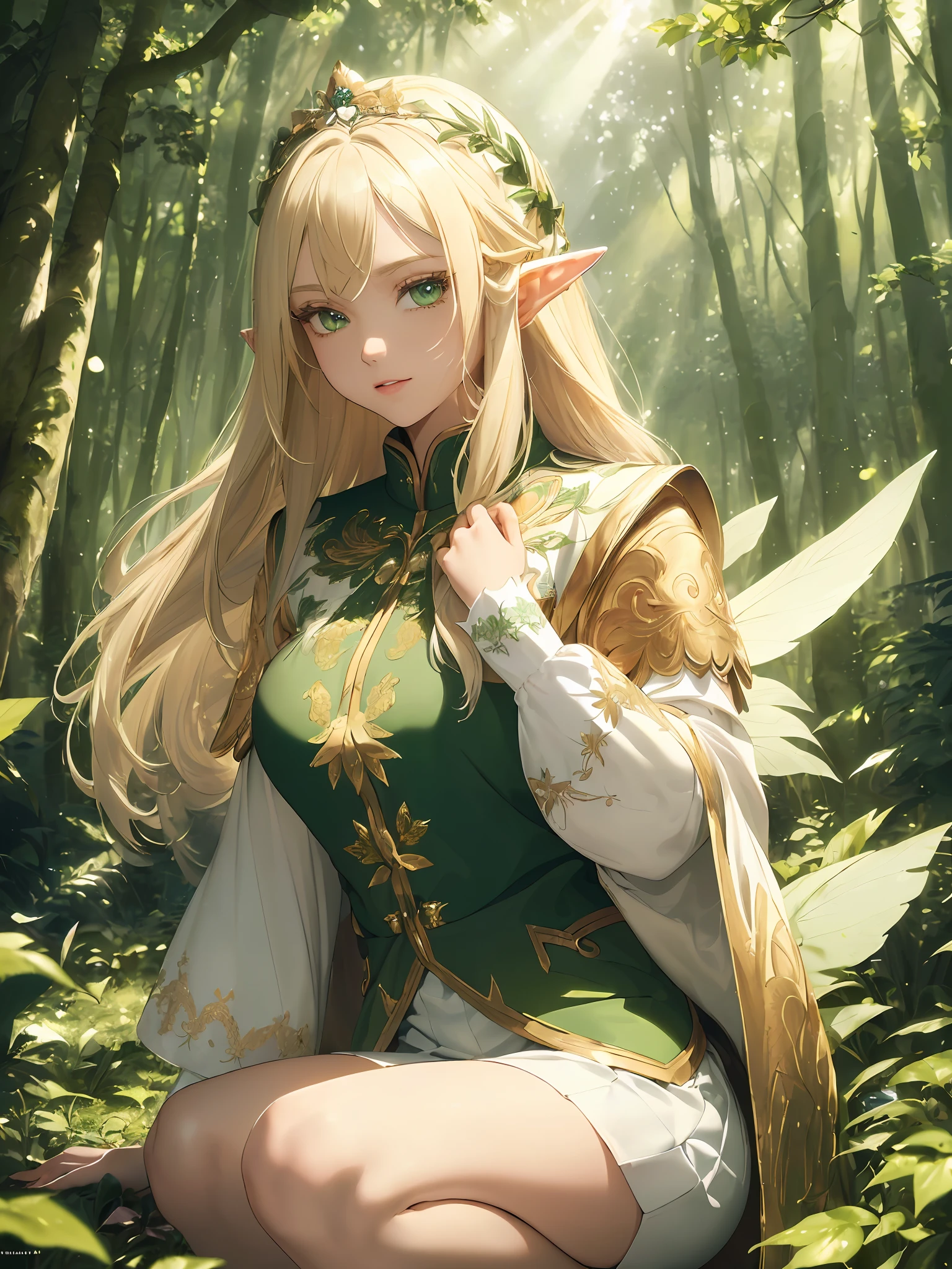 (((Masterpiece, Best Quality, High Definition, High Detail)))), One, ((Elf Woman)))), (White Short Skirt with Gold Embroidery), (Blonde Long Straight Hair), (Glossy Dark Green Eyes), (Green Surcoat with Gold Embroidery), Big, (Forest)), (Sunlight Through the Trees)), Squatting, Chinning in Hand, Cheek Cane Light particles are flying