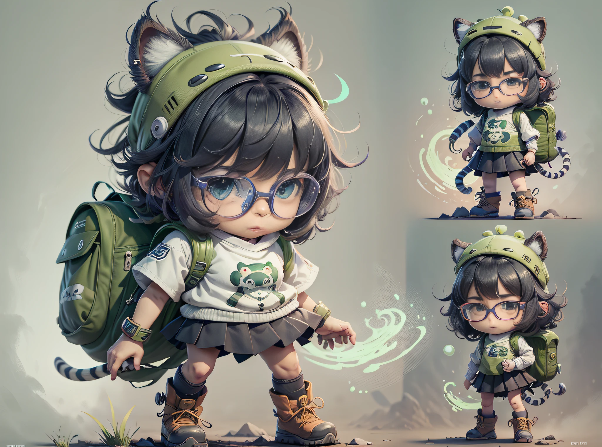 Tips: Character Flip Sheet, Three Views, Full Body Shot, Game Character Design, Girl in Tiger Head Hat, Bobo Head, Carrying Grass Green Cartoon Backpack, Blue Strap Skirt, Round Black Framed Glasses, Black Hiking Boots, Single Background,-- AR 16:12 - Style Expressiveness