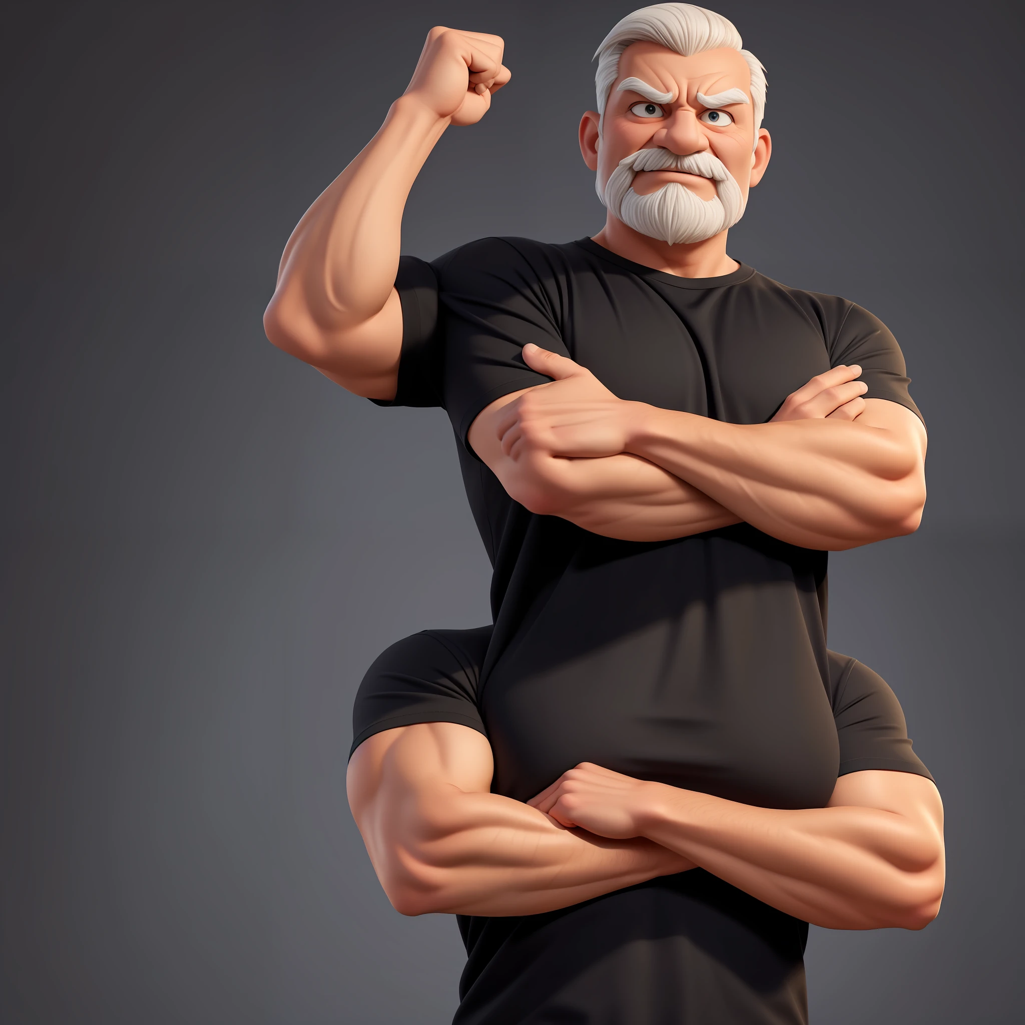 Create an 8K cartoon of a cheerful, well-muscled old man with his arms crossed, well-muscled in a black shirt striped in white. Make sure the resulting image has a cartoonish look, with vibrant colors and smooth edges. Add details to give the old man an angry look, such as furrowed brows and a tight mouth. Make sure that the black shirt striped with white is an important element of the image, and add details to make it attractive and interesting. Add textures and details to make the image more realistic, such as the appearance of the shirt texture and the appearance of the skin. Make sure the resulting image is high resolution, 8K quality." —c 10 —ar 2