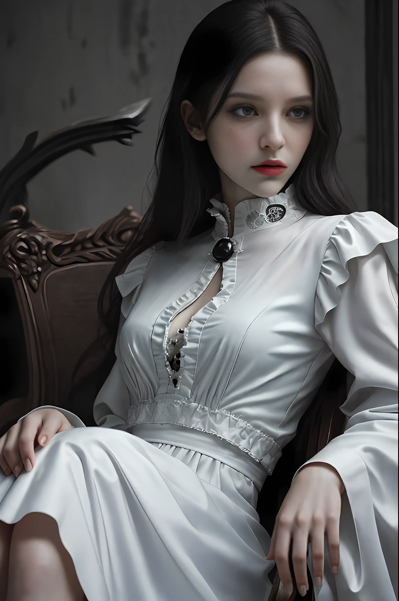 Dracula pays homage to realistic, full-body professional photos, dark fantasies, highly detailed scary vampire woman Dracula, long black hair, wearing a white blood coat and turtleneck ruffled shirt, sitting on a bone chair with sharp corners, blood-covered marble floor, intricate details and sharpness, ((incredibly detailed face, incredibly detailed skin, incredibly detailed eyes)), ((detailed facial features)), (covered by a skull), (lying on his back in a skull pit), (Depth of field: 0.8), ((Sharp focus: 1.4)), Epic ambient light, very dark lighting, extremely detailed eyes and face, detailed background, 8K resolution, Film, (Bram Stoker)