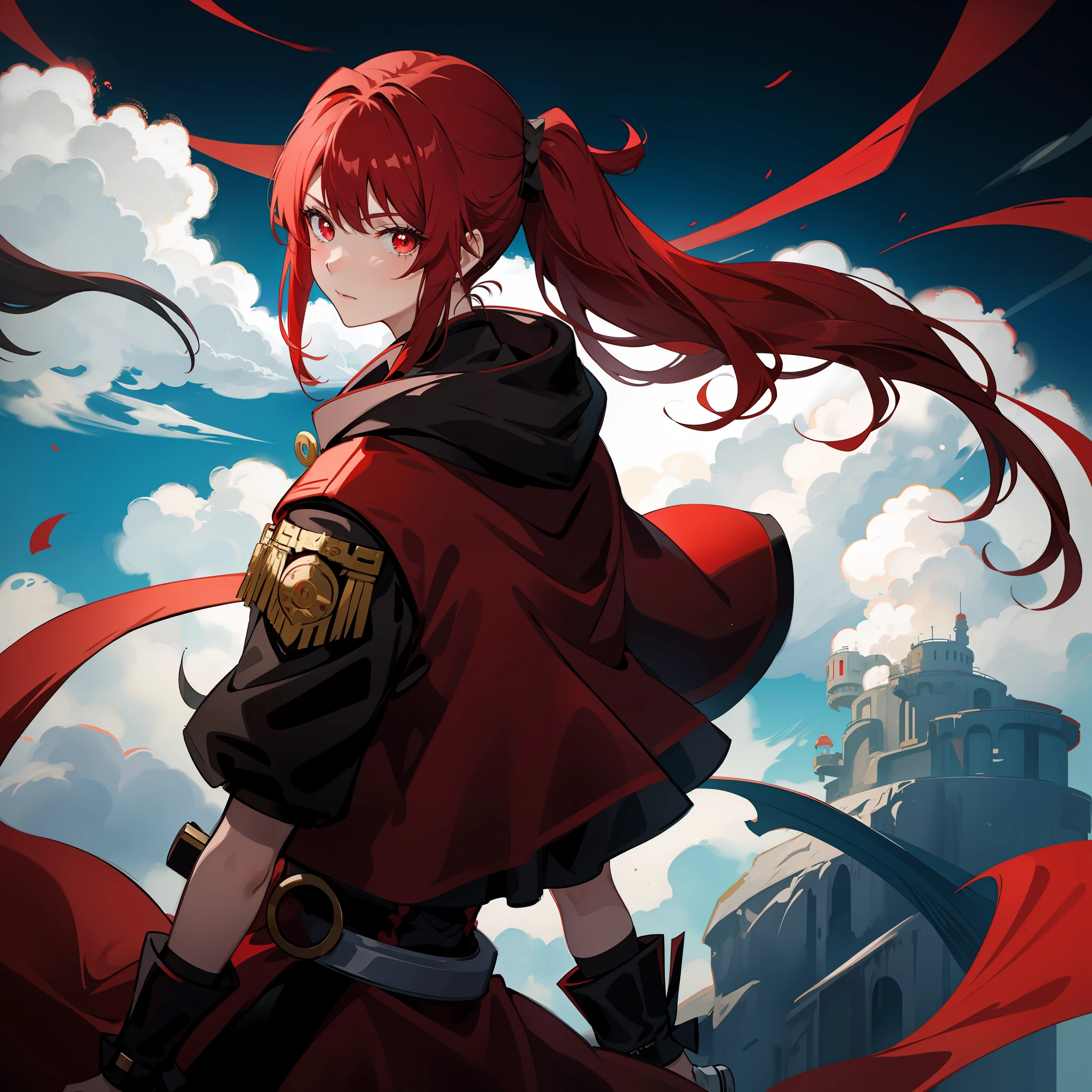 Only 1 girl, red ponytail hair, red eyes, wearing a red chinese coat, beautiful anime girl, holding a blackhole, mature girl, no pupils