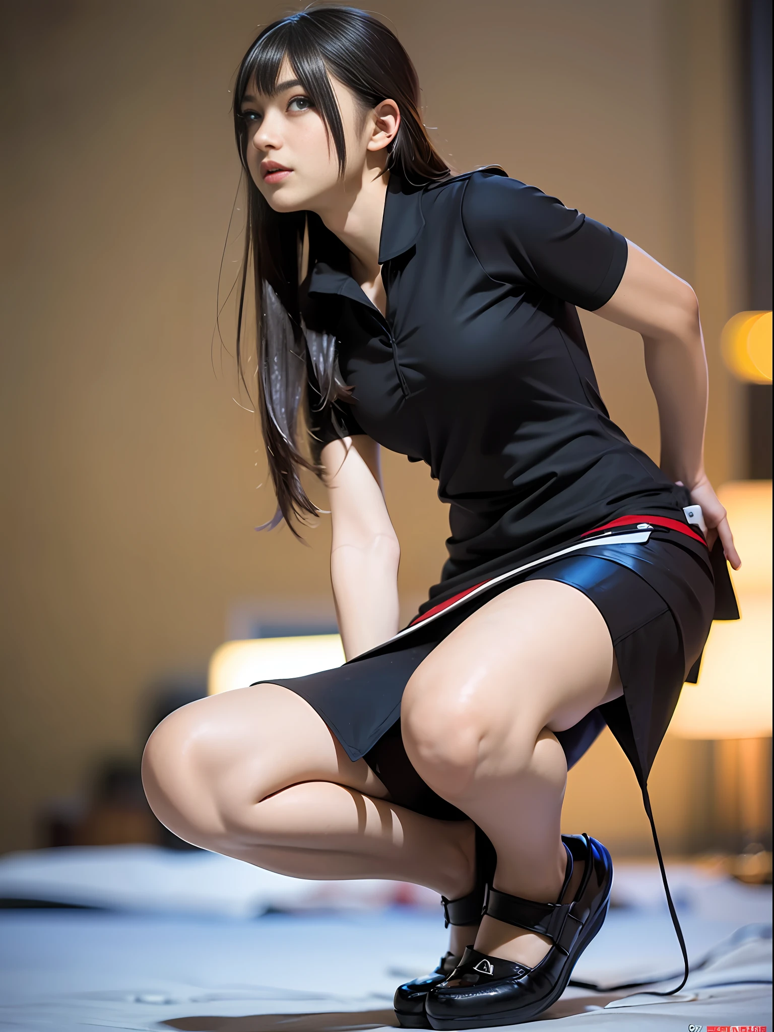 ((Black spandex shorts: 1.37)), Red Ninja Uniform, Ninja, Skirt, Shorts under skirt, lively girl, (Realistic, Photorealistic: 1.37), Photon Mapping, Radiosity, One Girl, Mature, Cool, Professional Lighting, Physically Based Rendering, Side View, Kneeling Posture, hair fluttering in the wind, blurred background, handsome, masterpiece, highest quality, high resolution, highest quality photo, high resolution, 1080p, (delicate skin), (clear face), (detailed face description), (detailed hand description), (masterpiece), (elaborate cg), (detailed facial features), (highest quality photo), (masterpiece), (detailed eyes),simple costume,