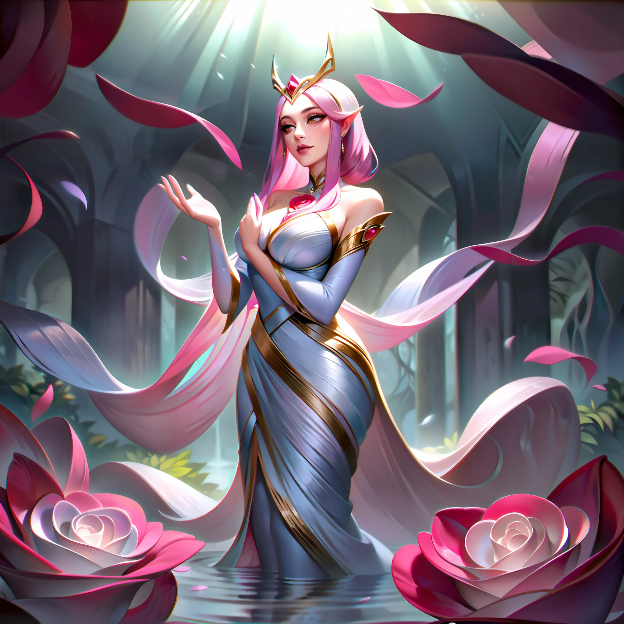 Nyleema, the Rosewater Enchantress, is depicted in their splashart as an alluring and enchanting human mage, with a deep connection to the essence of rose water. The scene is set in a serene garden, where the delicate beauty of rose water flowers permeates the air.

Nyleema stands gracefully, radiating an aura of elegance and mystique. Their presence is captivating, with flowing hair adorned with rose petals and a gaze that holds both wisdom and allure. Their eyes shimmer with a soft pink hue, reflecting their affinity for the enchanting properties of rose water.

In their outstretched hand, Nyleema conjures a delicate swirl of rose water, creating an ethereal and enchanting display. The water dances around them, taking the form of intricate and mesmerizing floral patterns. The fragrance of roses permeates the scene, adding to the sensory experience.

Nyleema's attire is a blend of soft hues, mirroring the delicate petals of a rose. Their flowing robes bear patterns and designs reminiscent of blooming flowers, accentuating their connection to the natural world. Rose petals adorn their sleeves and adornments, embodying the enchanting essence of rose water.

The backdrop of the splashart is a serene garden filled with lush rose bushes in full bloom. The vibrant colors of the roses create a visually captivating composition, with petals cascading gently to the ground. Soft sunlight filters through the foliage, casting a warm and enchanting glow upon Nyleema.

The color palette is dominated by shades of pink and pastel tones, evoking the delicate beauty of rose water. The play of light and shadow adds depth and dimension, creating a visually mesmerizing composition that draws the viewer into the enchanting world of Nyleema, splashart, linhas de corpo, cores vibrantes, detalhes requintados, cinematográfico, artstation, rosto detalhado, por rossdraws, por Kienan Lafferty