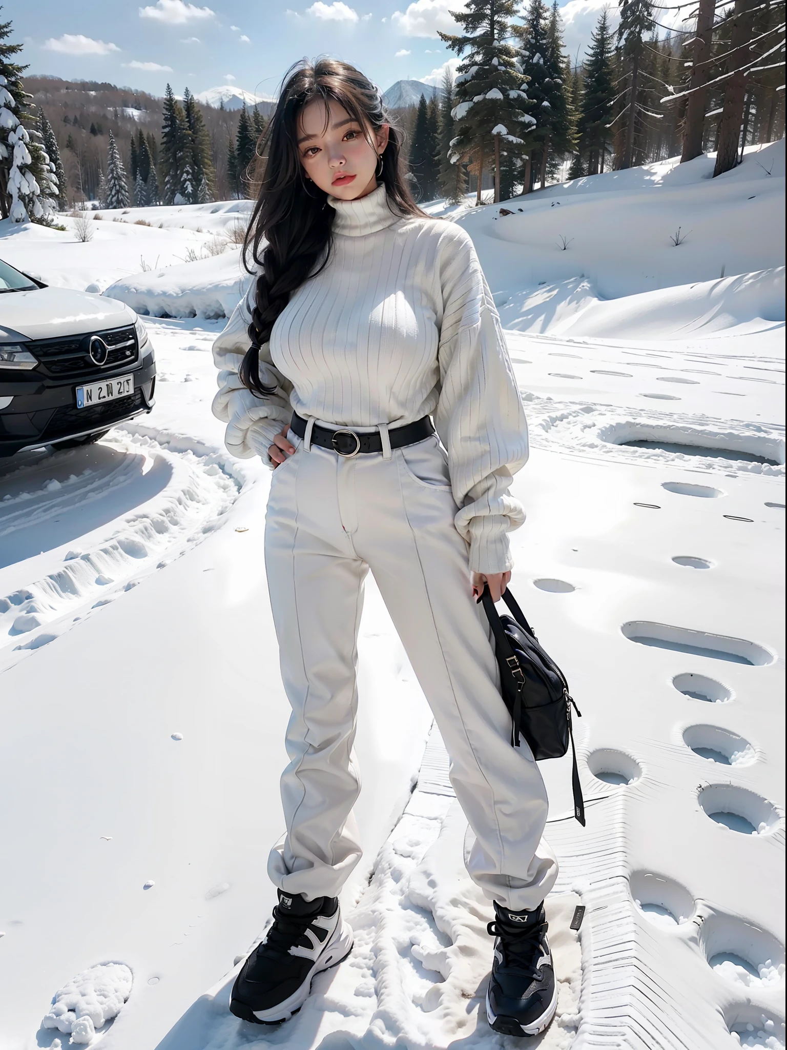 (Female: 1.2), (Big breasts: 1.2), (Mullet head), (Ring finger diamond ring) (White sweater, down jacket), (Long pants), (Black and white shoes), (Winter clothes), Full body, Masterpiece, Realism