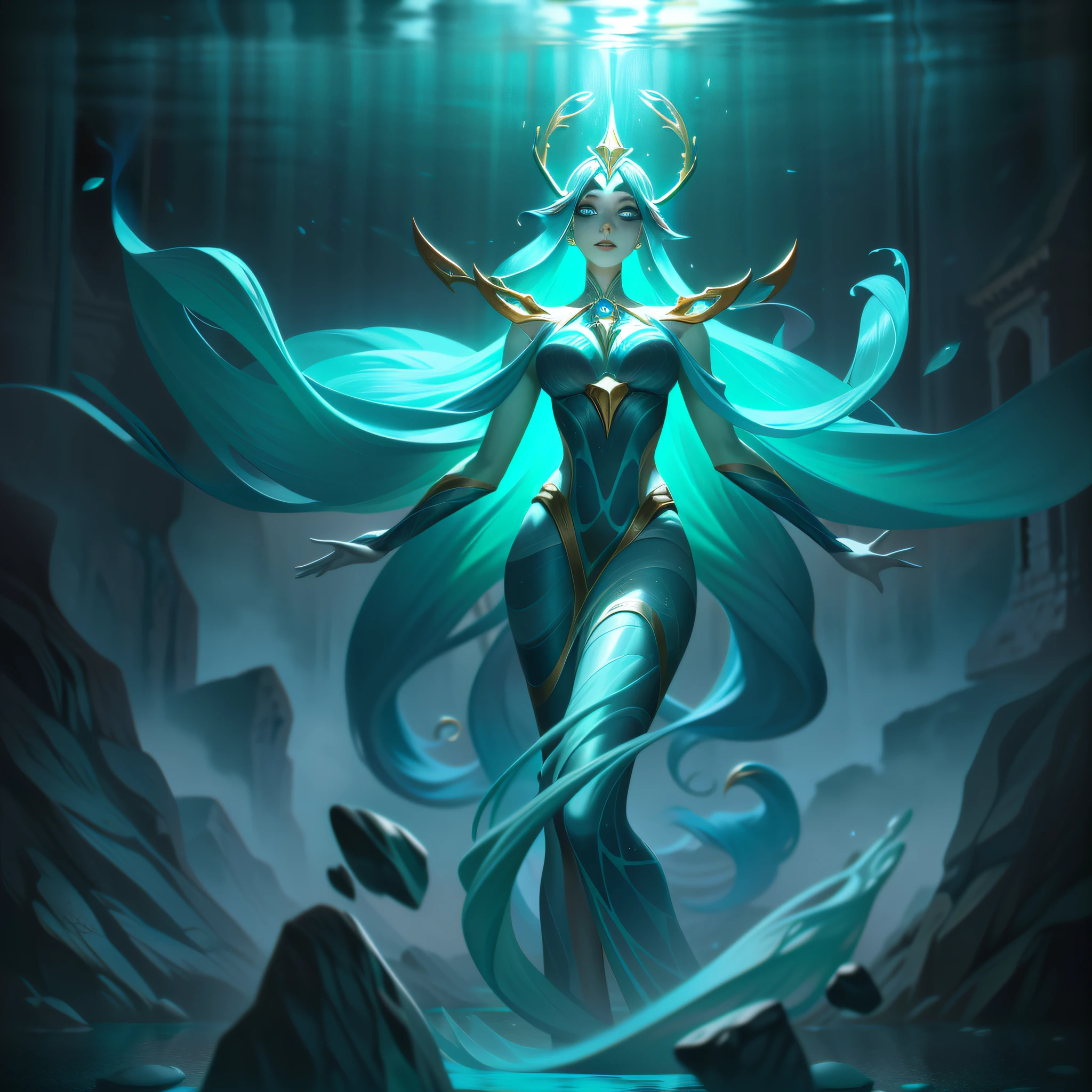 Karlete, the Aquamancer, is depicted in their splashart as a powerful and captivating human mage, wielding the elemental forces of water. The scene is set in a mystical and ethereal landscape, where the beauty and raw power of water come together.

Karlete stands tall and confident, exuding an air of mastery over their elemental powers. They are portrayed as an elegant and enchanting figure, with long flowing hair that shimmers with iridescent hues reminiscent of waterfalls. Their eyes gleam with a deep blue intensity, reflecting the depths of their connection to water magic.

In their outstretched hands, Karlete conjures a swirling cascade of water, forming intricate and spellbinding shapes. The water seems alive, twisting and turning under Karlete's control, symbolizing their command over this elemental force. The water cascades downward, creating a mesmerizing display of fluidity and power.

Karlete's attire is adorned with intricate patterns and symbols that represent the flow and movement of water. Their flowing robes are a blend of deep blues and shimmering aqua tones, mirroring the serene beauty of a tranquil sea. Adornments reminiscent of seashells and corals accentuate their connection to the aquatic realm.

The backdrop of the splashart features a breathtaking landscape, a blend of magical waterfalls, and mystical mist. The waterfalls cascade from towering cliffs, their rush creating a sense of both tranquility and raw power. The mist swirls around Karlete, adding an ethereal and otherworldly quality to the scene.

The color palette is dominated by rich blues and vibrant aqua tones, representing the various shades of water. The play of light and shadow adds depth and dimension, creating a visually captivating composition that draws the viewer's attention to Karlete's mastery over water, splashart, linhas de corpo, cores vibrantes, detalhes requintados, cinematográfico, artstation, rosto detalhado, por rossdraws, por Kienan Lafferty