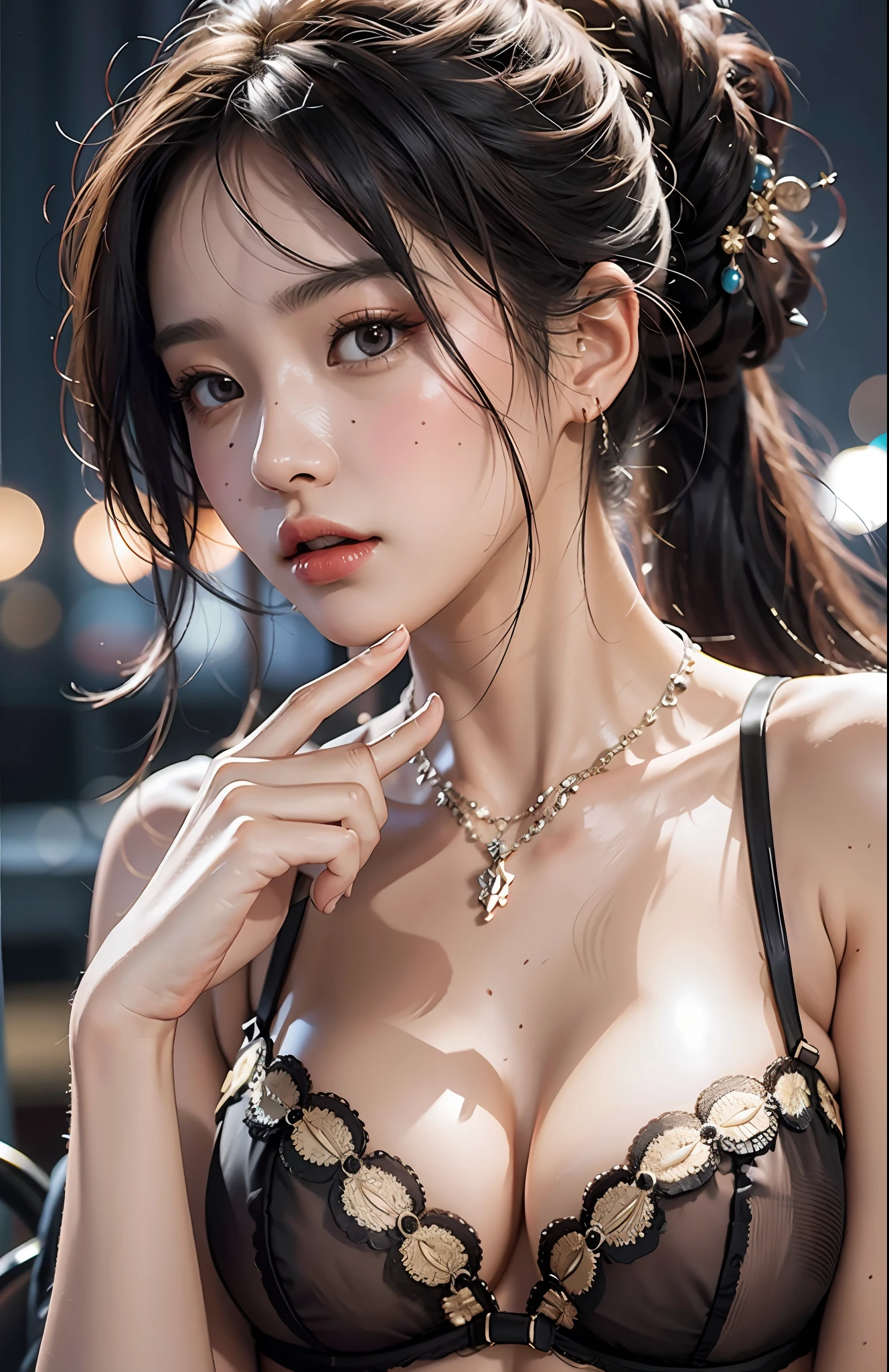 best quality, masterpiece, high_res, 1girl, hair ornament, necklace, jewelry, Beautiful face, tyndall effect, photo realistic, rim lighting, (high detailed skin:1.2), 8k uhd, dslr, soft lighting, high quality, volumetric lighting, candid, Photograph, high resolution, 4k, 8k, Bokeh, medium breasts, absurdres, ancient traditional chinese underwear tiny lingerie, ponytail contorted, best ratio four finger and one thumb, (ulzzang-6500-v1.1:0.6),