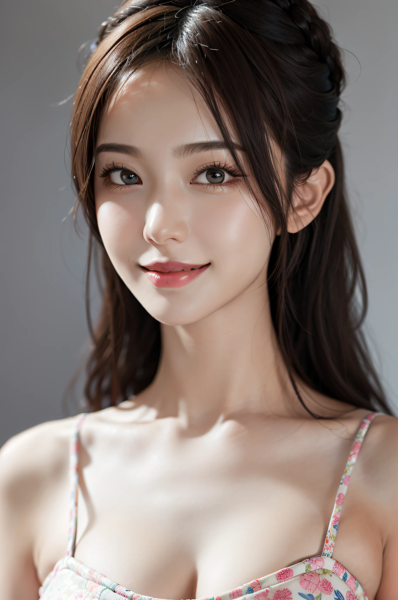 Masterpiece, Best Quality, Portrait of 1girl,Korean woman,(Masterpiece, Pretty person,Polluted smile),Virtual YouTube,Detailed skin texture, Detailed cloth texture, Beautifully detailed face, Masterpiece, Clavicle,
