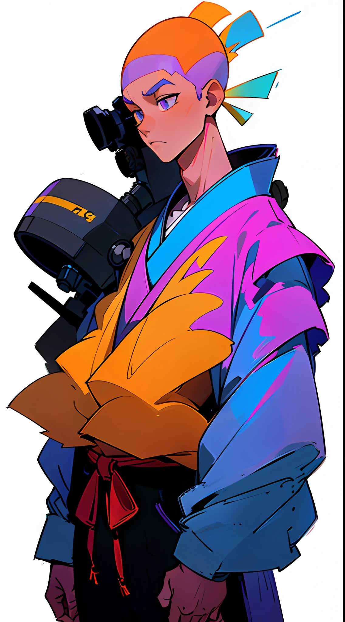 ((front view)),center shot,upper body, colorful cyber kimono,((32k, 8k, masterpiece,high quality)), a man,((skin head)),((upright)), solo,1man,cowboy shot,full body,looking at biewer,((white background,simple background))