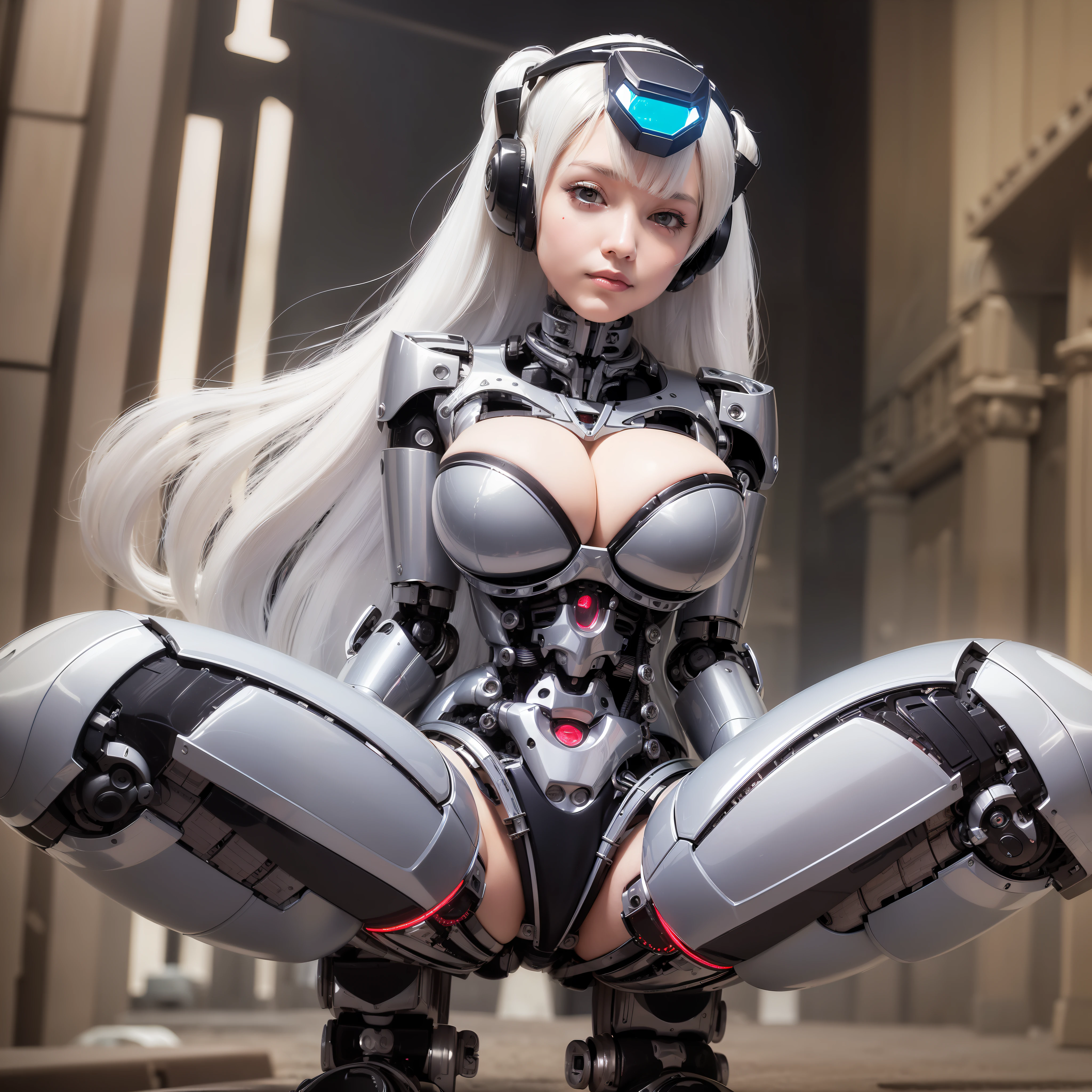 Beautiful Face,1 Woman, Curvaceous, Top Quality, Masterpiece, Ultra Detailed, ((((Bikini Cyborg Robot Parts)))), (Light Grey Hair), Long Hair, Wavy Hair, Twin Tails, Medium Shot, (((Seductive Smile)), (Black Eyes), Princess Cut, (Cowboy Shot),Squatting,Spread Your Legs,HR Giger,