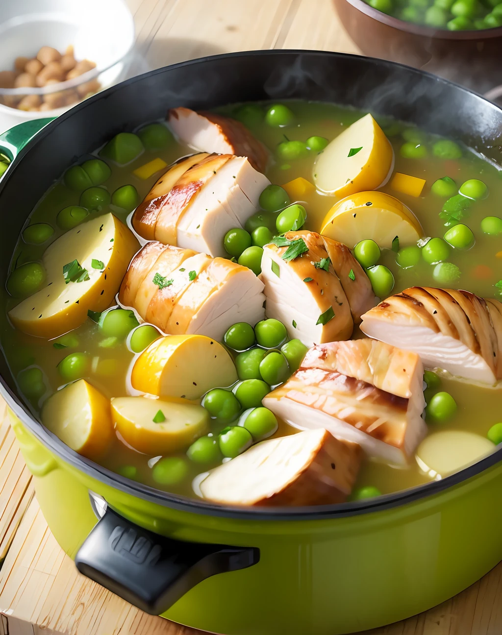 Realistic photo Pot with pea soup with pieces of smoked chicken, potatoes and markovi on the stove: 85mm lens,f8, photography, ultra details --auto --s2