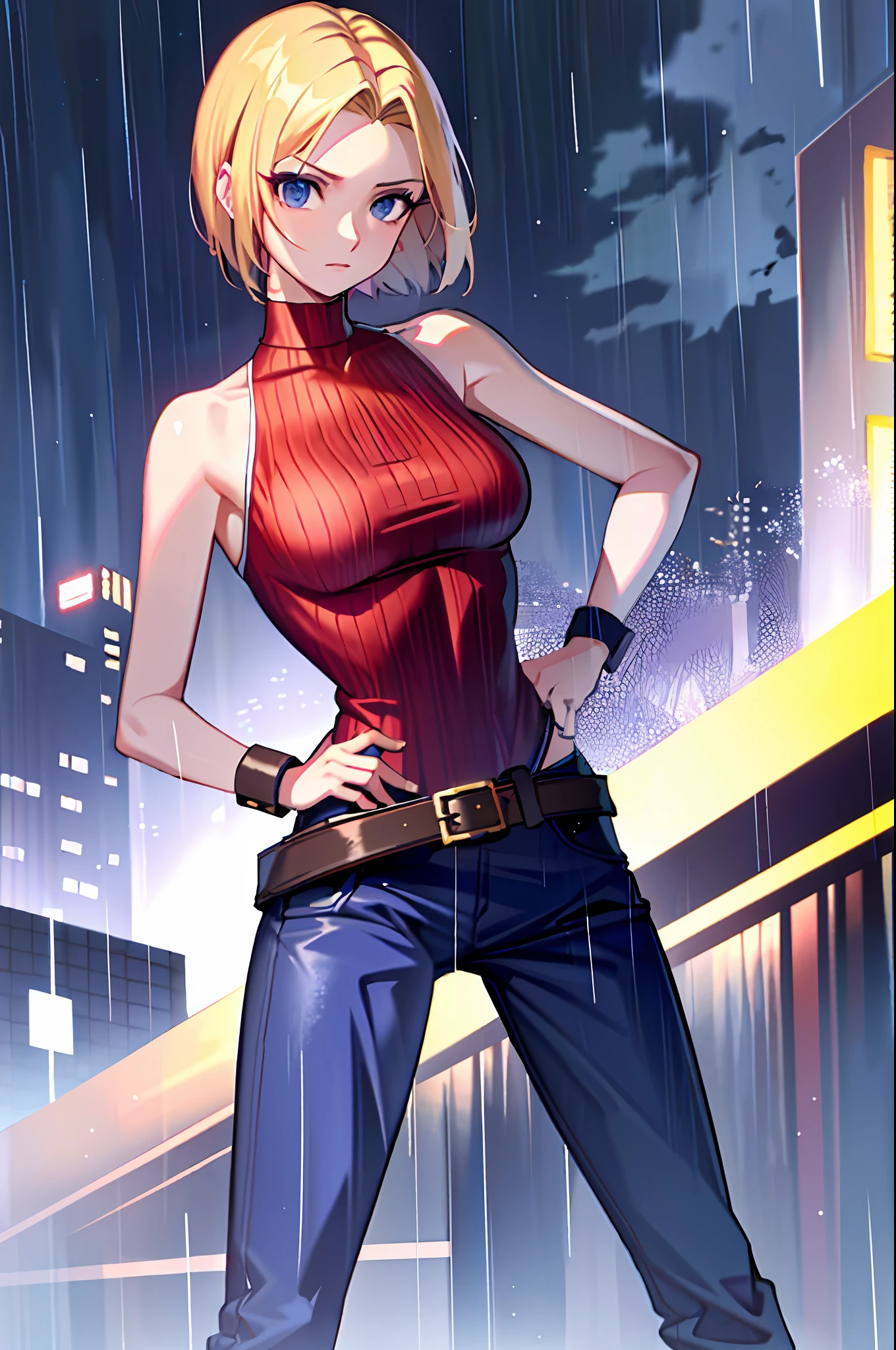 maryms, best quality, (beauty), masterpiece, 1 girl, render based on physics, ultra highres, narrow waist, thin, big eyes, long legs, (small breasts), swollen eyes, night, (rainy city), bright skin, facing the viewer, fighting posture, (close the fist), firm expression,