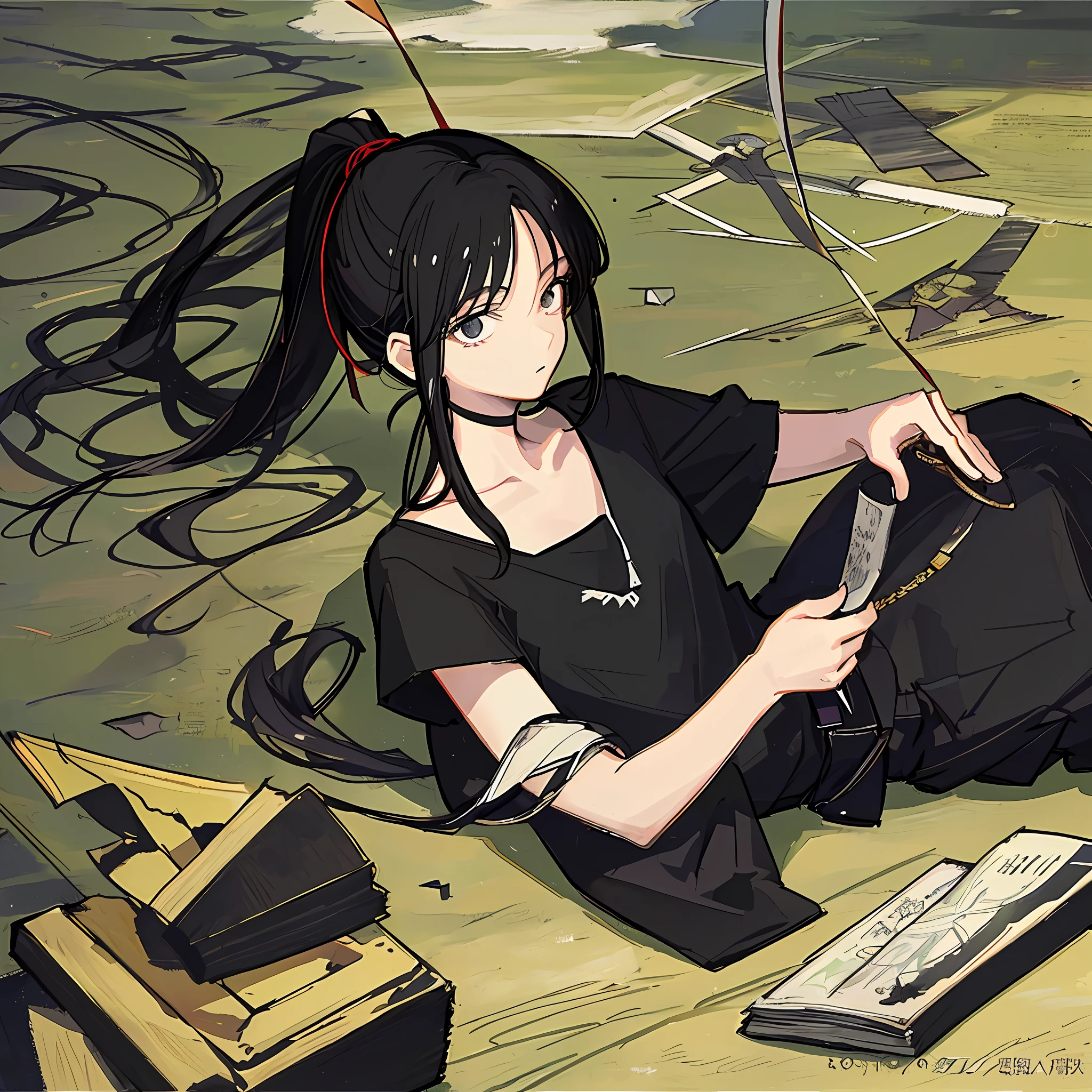 (Masterpiece), (Best Quality), (Super Detail),(Illustration), 1 Woman, Black Hair, Ponytail Hair, Black Clothing, by Yoshihiro Togashi, Manipulating Shadows.