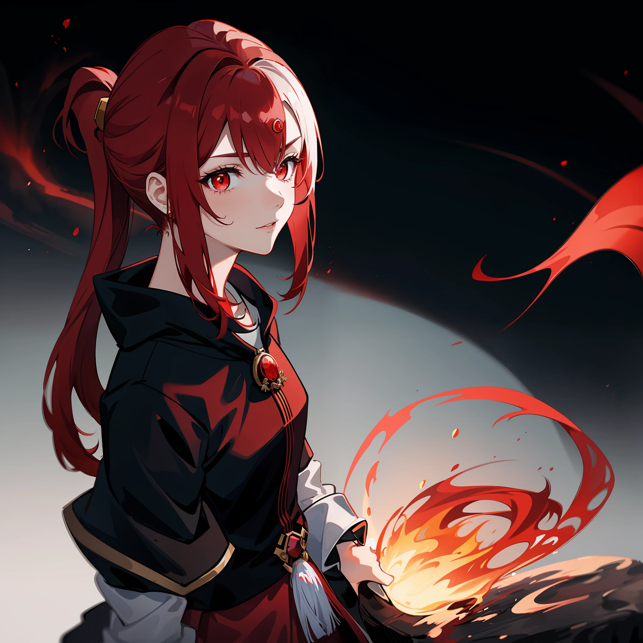 Only 1 girl, red ponytail hair, red eyes with no pupils, wearing a red chinese coat, beautiful anime girl, holding a blackhole, mature girl