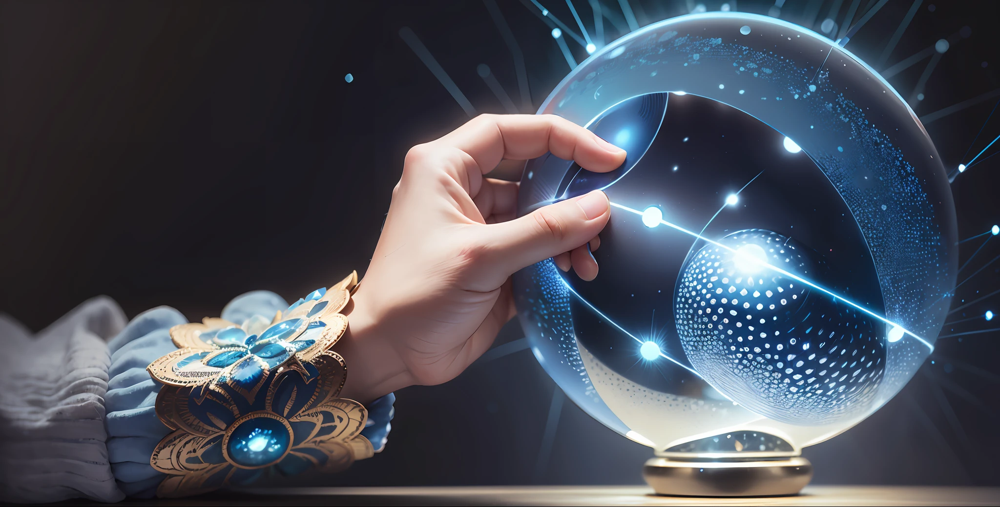 A closeup of a person holding a lamp with a network of dots, light emitted by the fingertips, technological lights, lamp, illuminating light, elegant light, blue lighting. blue light, elegant intricate bright lights, hands touching drops of light, conceptual abstract, surreal lighting, against dark background