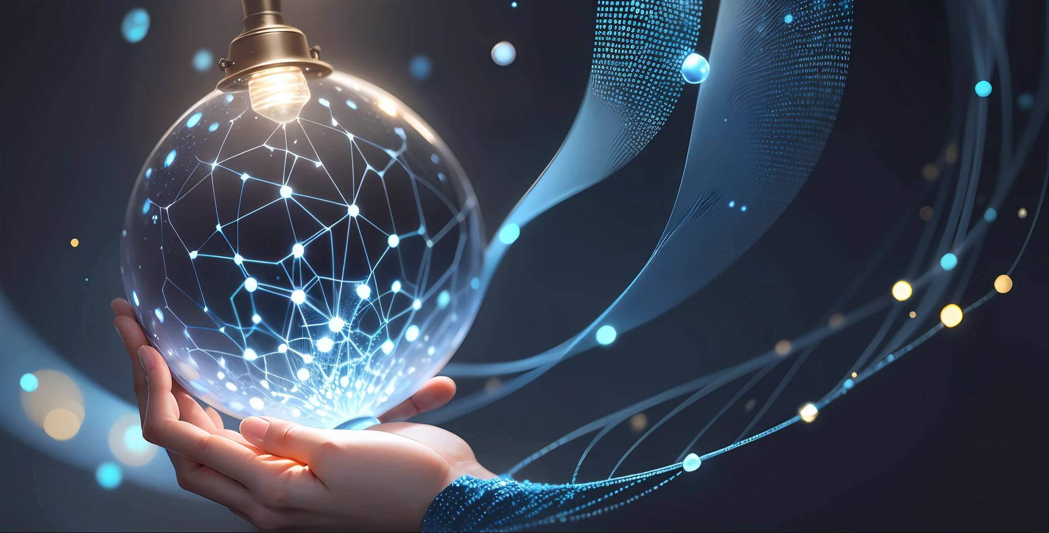 A closeup of a person holding a lamp with a network of dots, light emitted by the fingertips, technological lights, lamp, illuminating light, elegant light, blue lighting. blue light, elegant intricate bright lights, hands touching drops of light, conceptual abstract, surreal lighting, against dark background