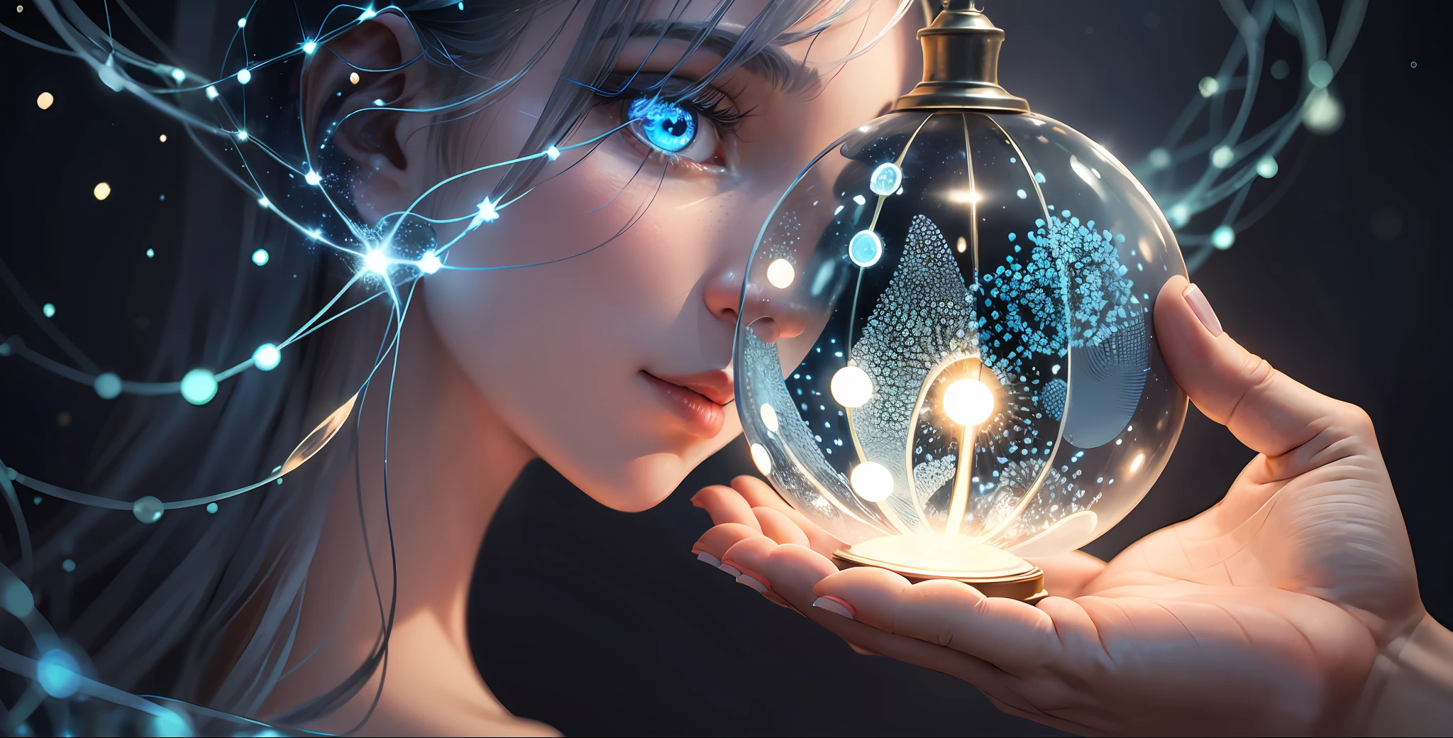A closeup of a person holding a lamp with a network of dots, light emitted by the fingertips, technological lights, lamp, illuminating light, elegant light, blue lighting. blue light, elegant intricate bright lights, hands touching drops of light, conceptual abstract, surreal lighting, against dark background