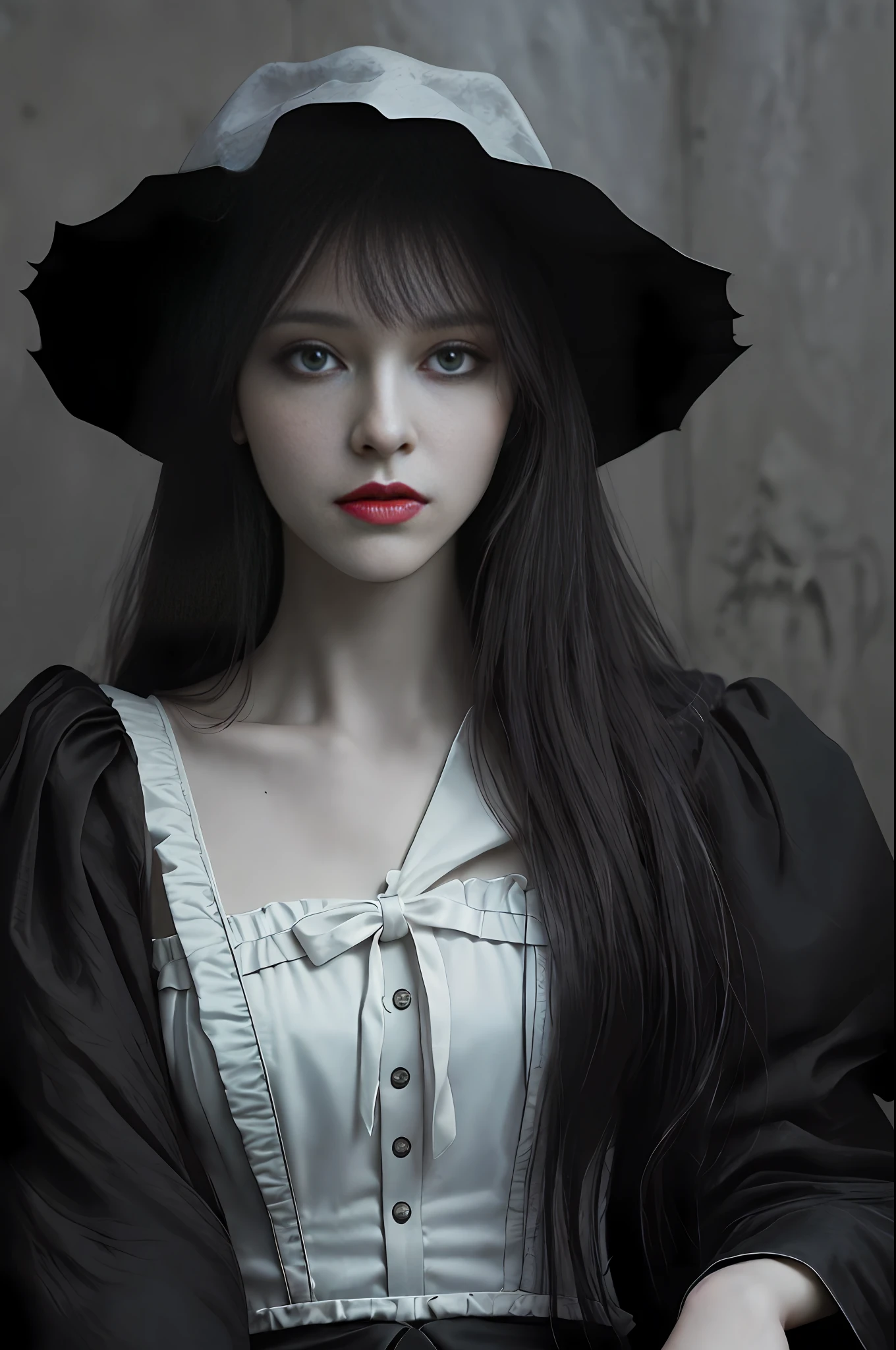 Dracula pays tribute to realistic, half-body professional photos, dark fantasy, highly detailed scary vampire woman Dracula, long black hair, wearing a white blood coat and a high-necked ruffle shirt, sitting on a bone chair with sharp corners, blood-covered marble floor, intricate details and sharpness, ((incredibly detailed face, incredibly detailed skin, incredibly detailed eyes)), ((detailed facial features)), (covered by a skull), (lying on his back in a skull pit), (Depth of field: 0.8), ((Sharp focus: 1.4)), Epic ambient light, very dark lighting, extremely detailed eyes and face, detailed background, 8K resolution, Film, (Bram Stoker)