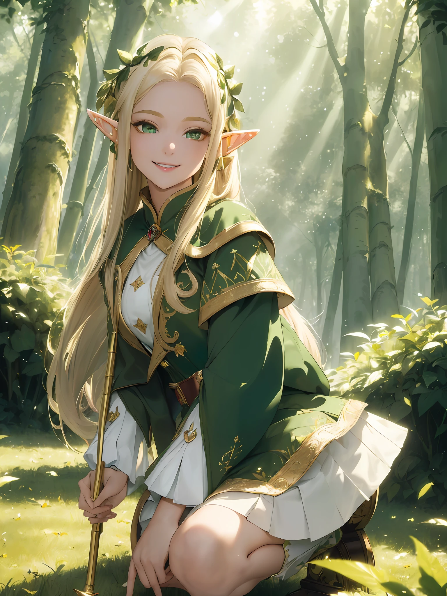 (((Masterpiece, Best Quality, High Definition, High Detail)))), One, (((Elf Woman))), (White Short Skirt with Gold Embroidery), (Blonde Long Straight Hair), (Glossy Dark Green Eyes), (Green Surcoat with Gold Embroidery), Big, (Forest)), (Sunlight Through the Trees)), Tilting Your Head, Smiling, Squatting, Resting Your Chin on Your Hand, ((Cheek Cane)), Light particles flying
