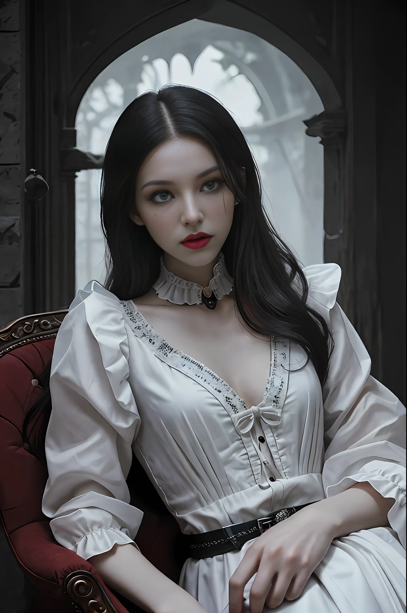 Dracula pays tribute to realistic, half-body professional photos, dark fantasy, highly detailed scary vampire woman Dracula, long black hair, wearing a white blood coat and a high-necked ruffle shirt, sitting on a bone chair with sharp corners, blood-covered marble floor, intricate details and sharpness, ((incredibly detailed face, incredibly detailed skin, incredibly detailed eyes)), ((detailed facial features)), (covered by a skull), (lying on his back in a skull pit), (Depth of field: 0.8), ((Sharp focus: 1.4)), Epic ambient light, very dark lighting, extremely detailed eyes and face, detailed background, 8K resolution, Film, (Bram Stoker)