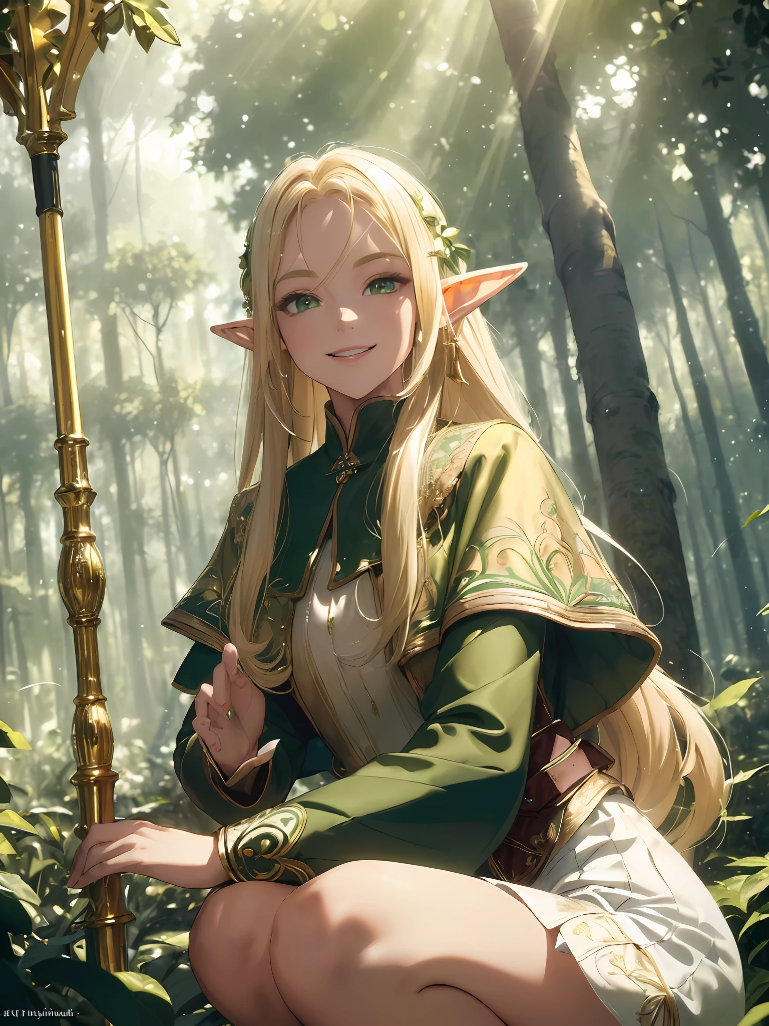 (((Masterpiece, Best Quality, High Definition, High Detail)))), One, (((Elf Woman))), (White Short Skirt with Gold Embroidery), (Blonde Long Straight Hair), (Glossy Dark Green Eyes), (Green Surcoat with Gold Embroidery), Big, (Forest)), (Sunlight Through the Trees)), Tilting Your Head, Smiling, Squatting, Resting Your Chin on Your Hand, ((Cheek Cane)), Light particles flying