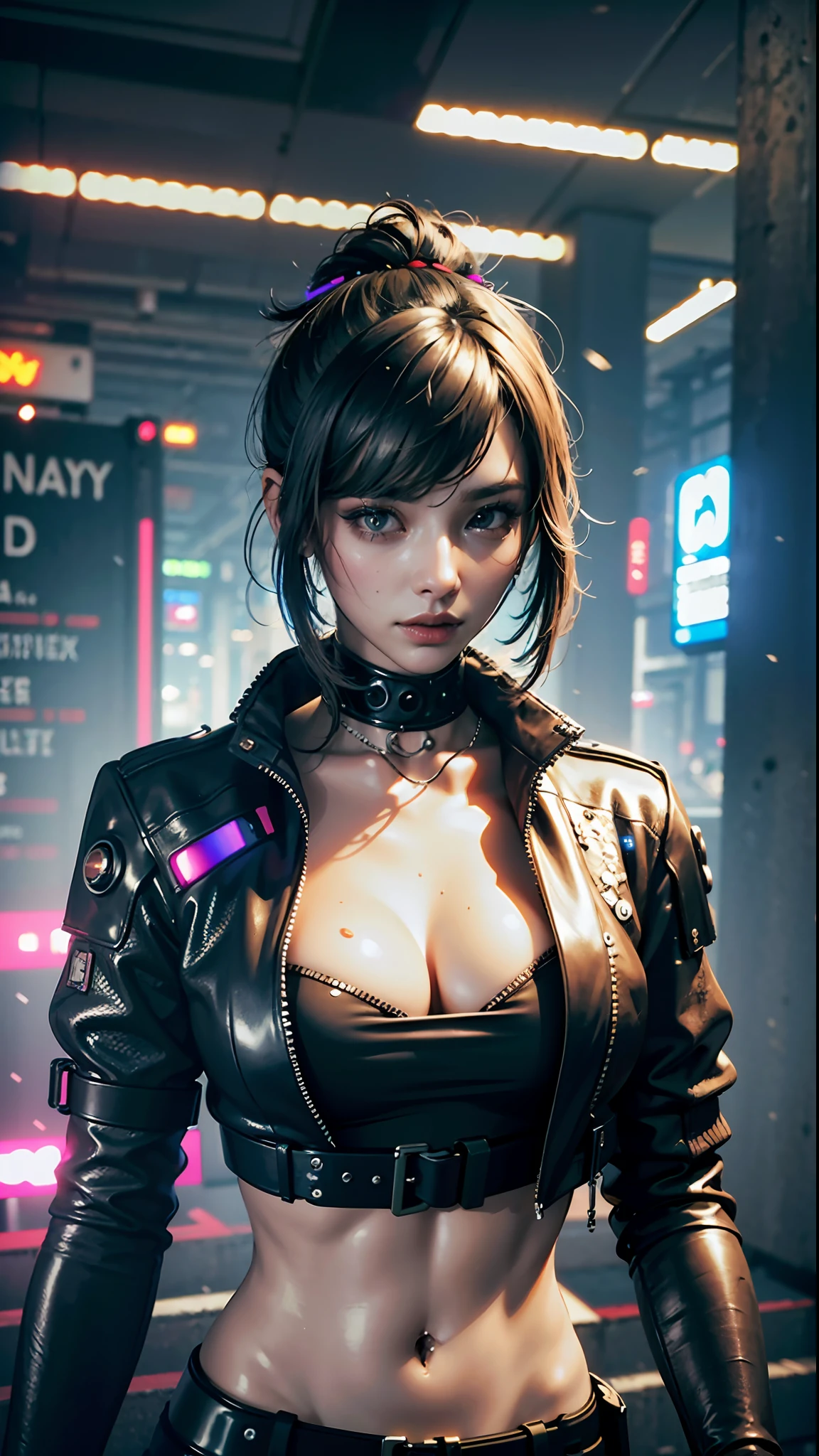 ((Best quality)), ((masterpiece)), (highly detailed:1.3), 3D, beautiful (cyberpunk:1.3), stylish woman looking at camera black leather clothes