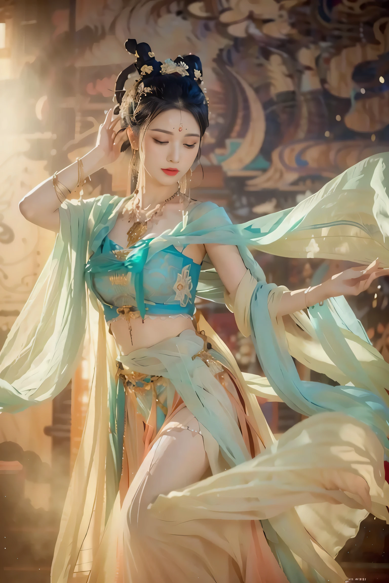 (8k, RAW photo, best quality, masterpiece:1.2), (realistic, photo-realistic:1.4), (extremely detailed CG unity 8k wallpaper), 1 girl solo, dance, dunhuang_dress, dunhuang_style, dunhuang_background,