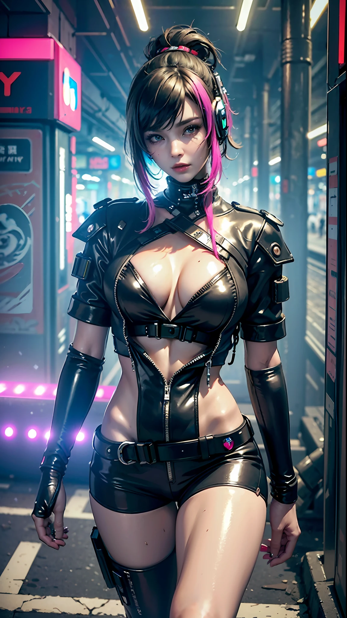 ((Best quality)), ((masterpiece)), (highly detailed:1.3), 3D, beautiful (cyberpunk:1.3), stylish woman looking at camera black leather clothes