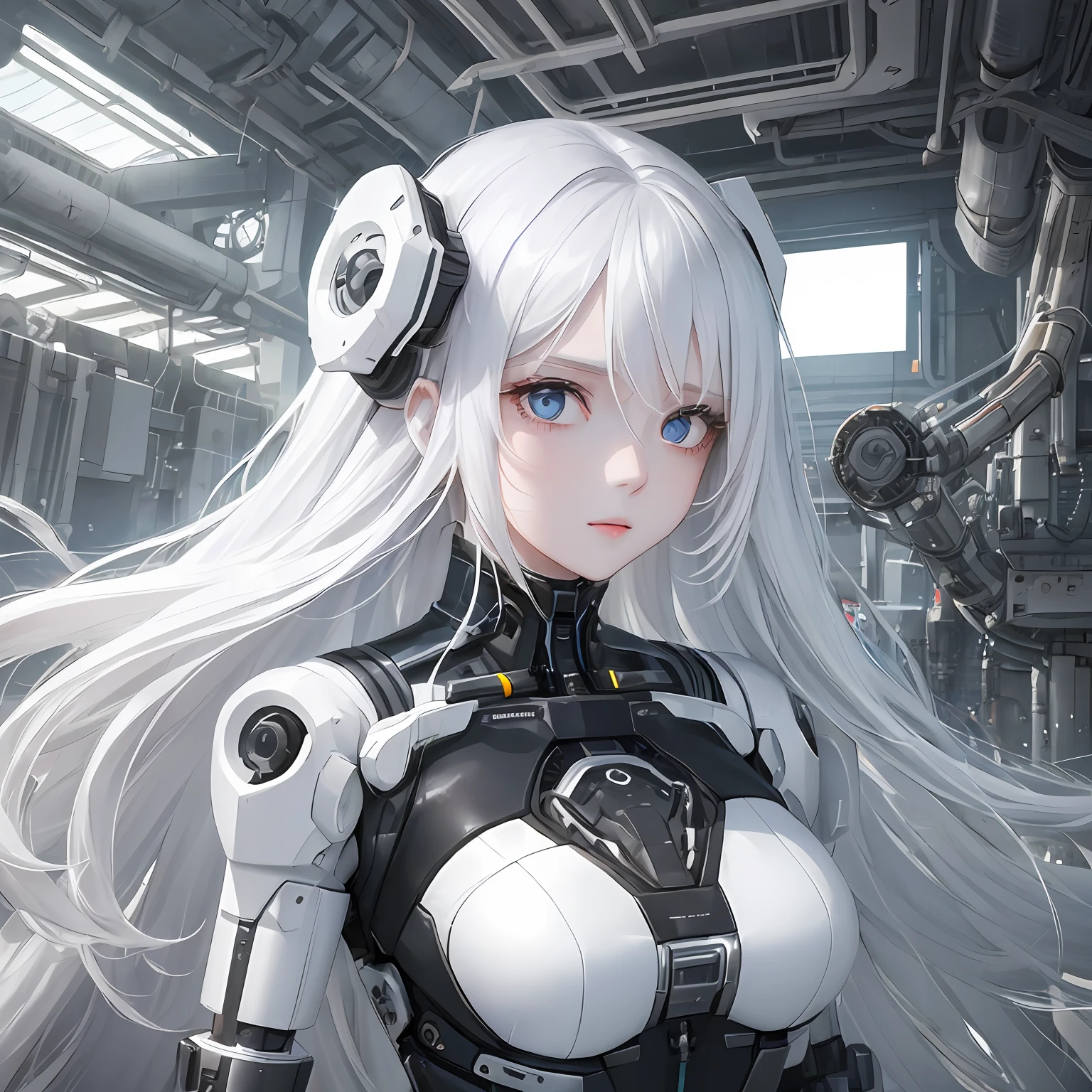 (1girl:1.3), (long white hair:1.2), white skin, wearing cybernetic dress (technological:0.7), car workshop backdrop, (indirect natural lighting:0.5), (mechanical arms:1.4) electronic (metal) --s2