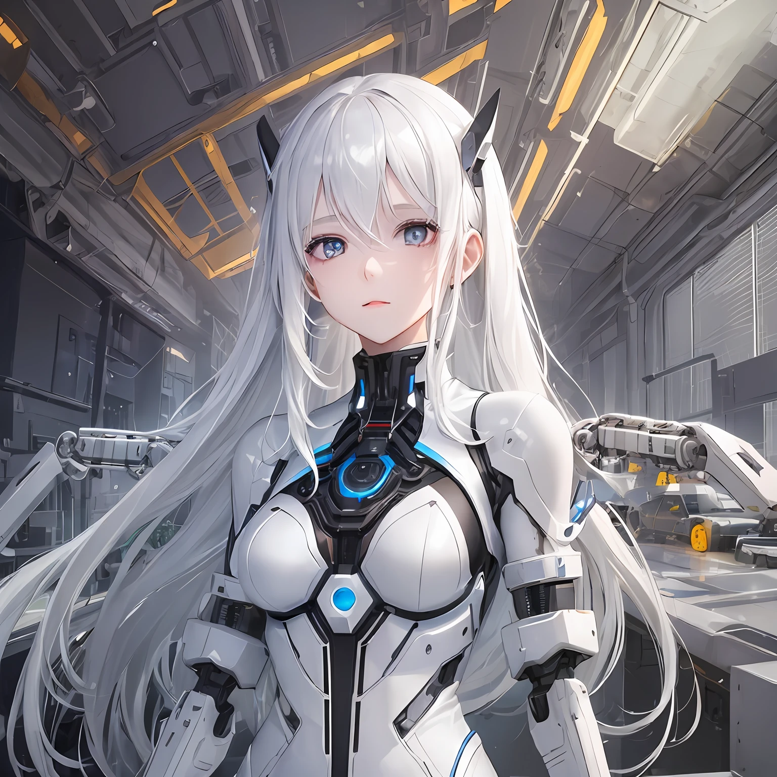 (1girl:1.3), (long white hair:1.2), white skin, wearing cybernetic dress (technological:0.7), car workshop backdrop, (indirect natural lighting:0.5), (mechanical arms:1.4) electronic (metal) --s2