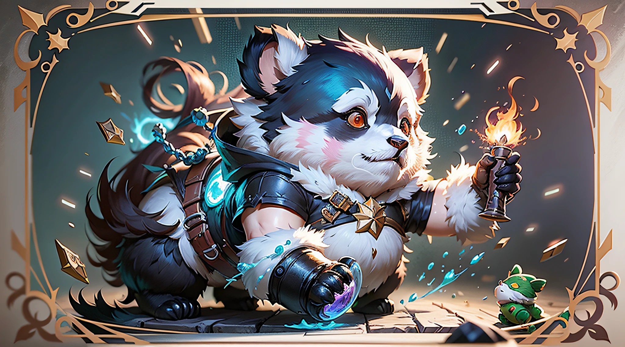 Minimalism, cinematic lighting, anime, close-up, Wide-Angle, UHD, 8k, highres, ccurate, textured skin,There is a panda wearing a costume and holding a lit candle, Fist Games concept art, League of Legends character art, splash art, iconic character splash art, Teemo, from League of Legends, League of Legends character, League of Legends concept art, character splash art, official splash art, WLOP Rossdraws, League of Legends Teemo.