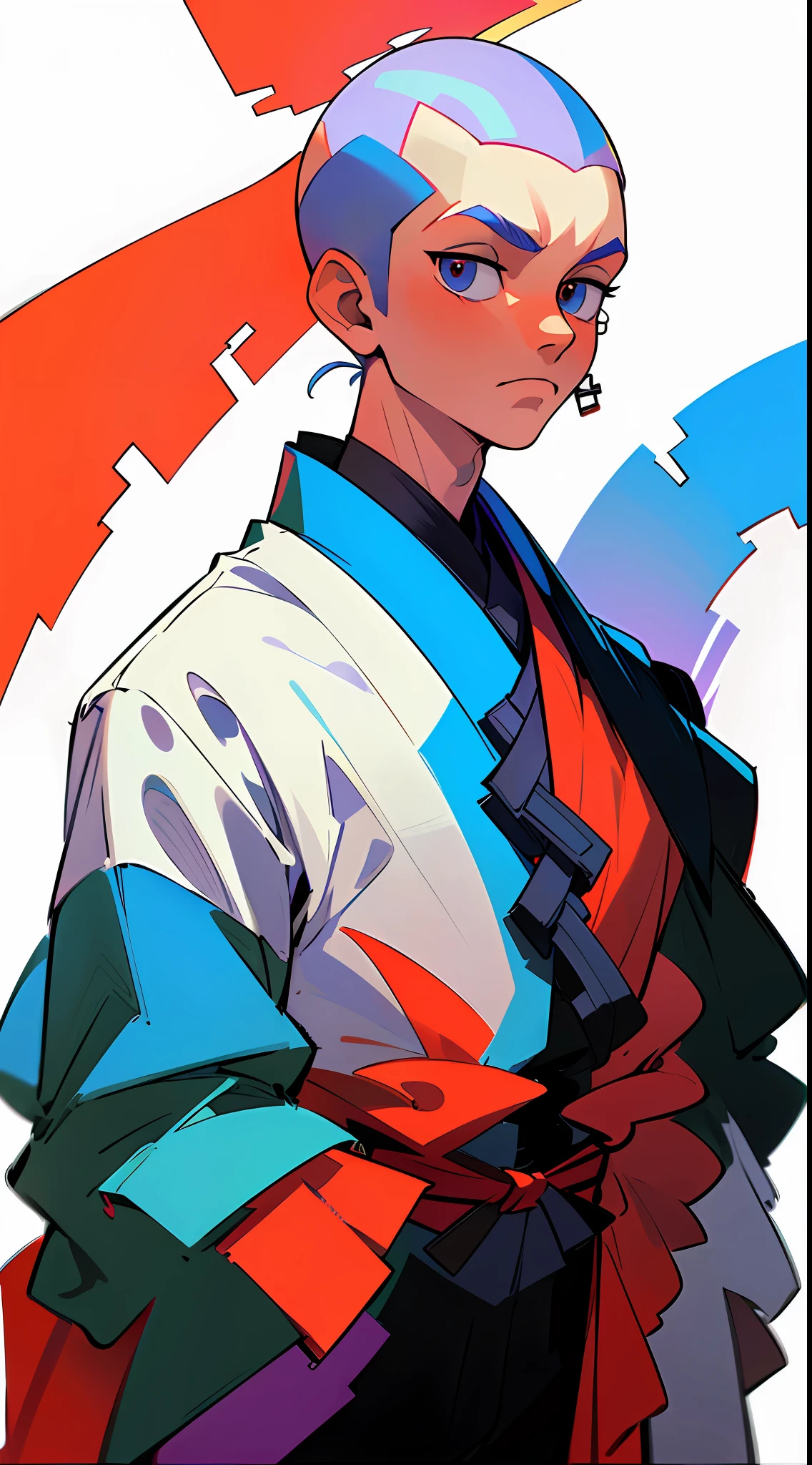 frontal face,((front view)),center shot,upper body, colorful cyber kimono,((32k, 8k, masterpiece,high quality)), a man,((skin head)),((upright)), solo,1man,cowboy shot,full body,looking at biewer,((white background,simple background))