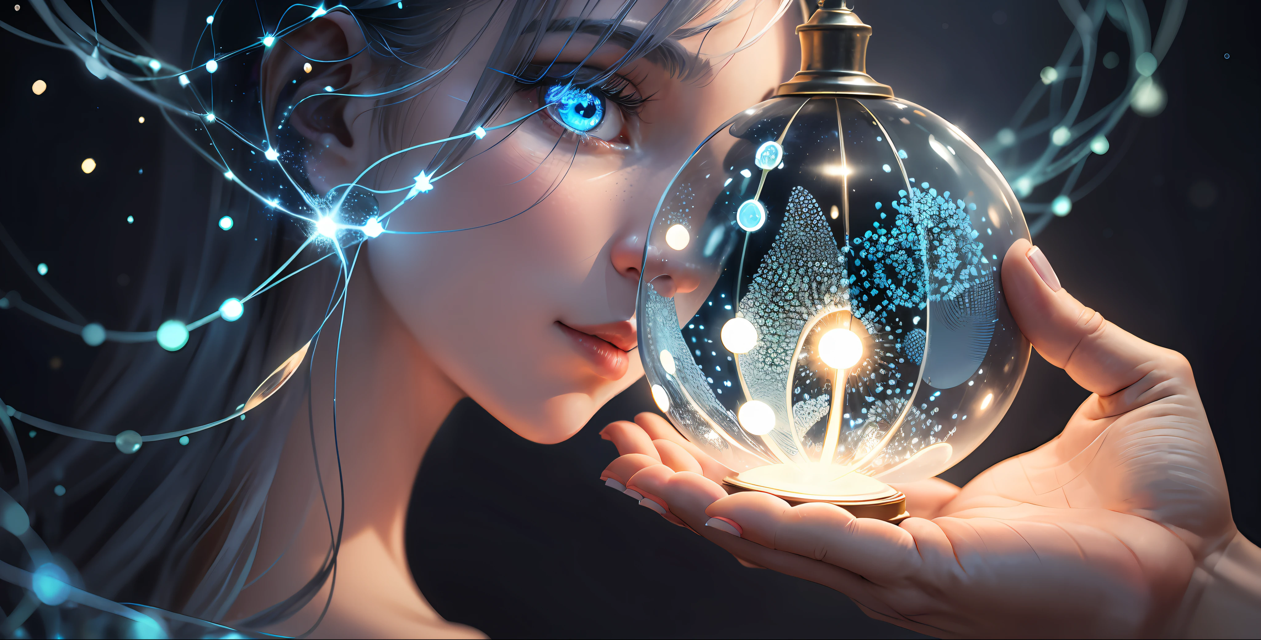 A closeup of a person holding a lamp with a network of dots, light emitted by the fingertips, technological lights, lamp, illuminating light, elegant light, blue lighting. blue light, elegant intricate bright lights, hands touching drops of light, conceptual abstract, surreal lighting, against dark background