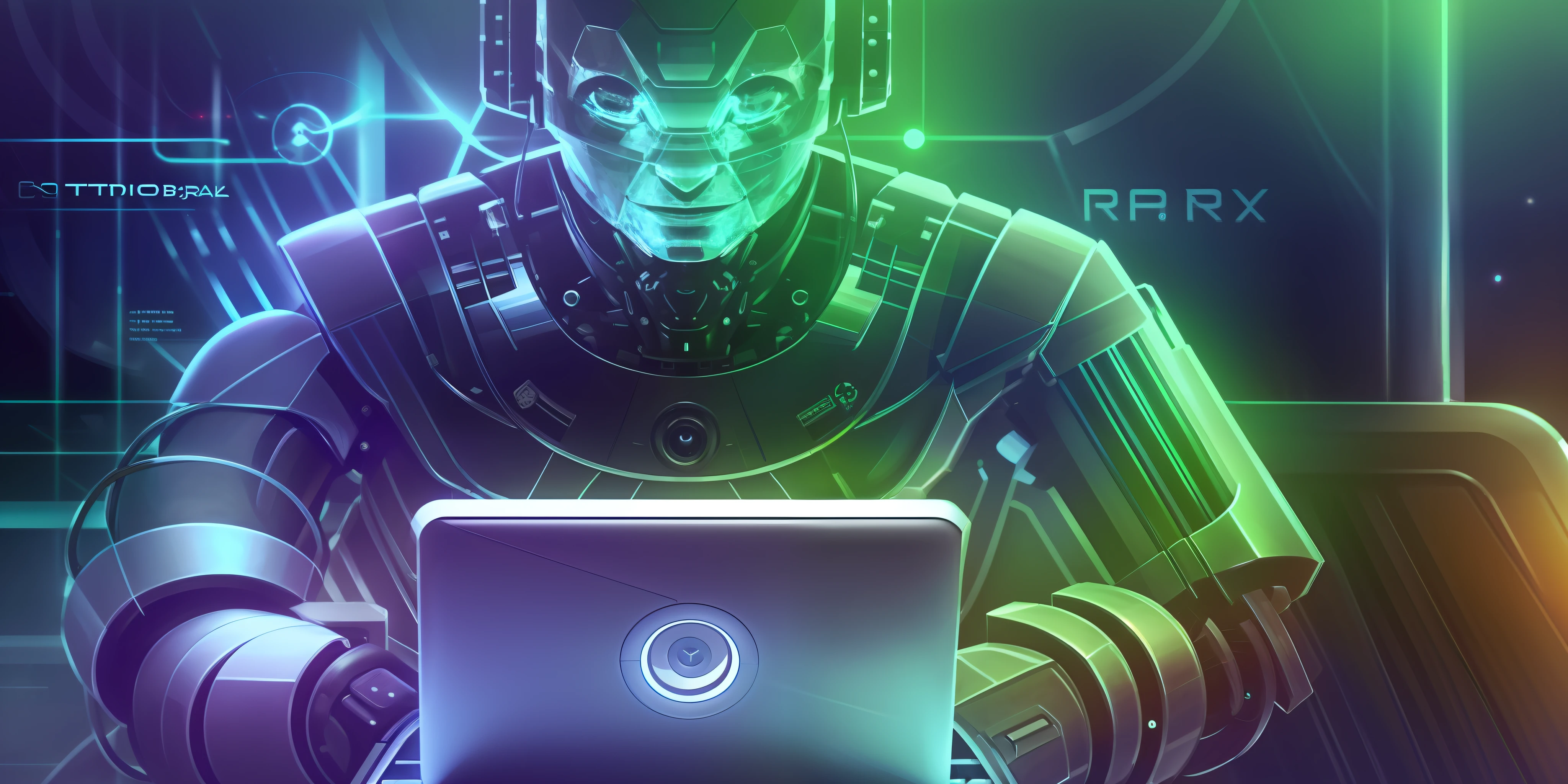 a close up of a robot typing on a laptop computer, portrait of a futuristic robot, robot in data center, cyborg in the data center, artificial intelligence machine, portrait of a female android, portrait of female android, a portrait of an android, close-up of a robot sitting down, humanoid robot close up, portrait of an android