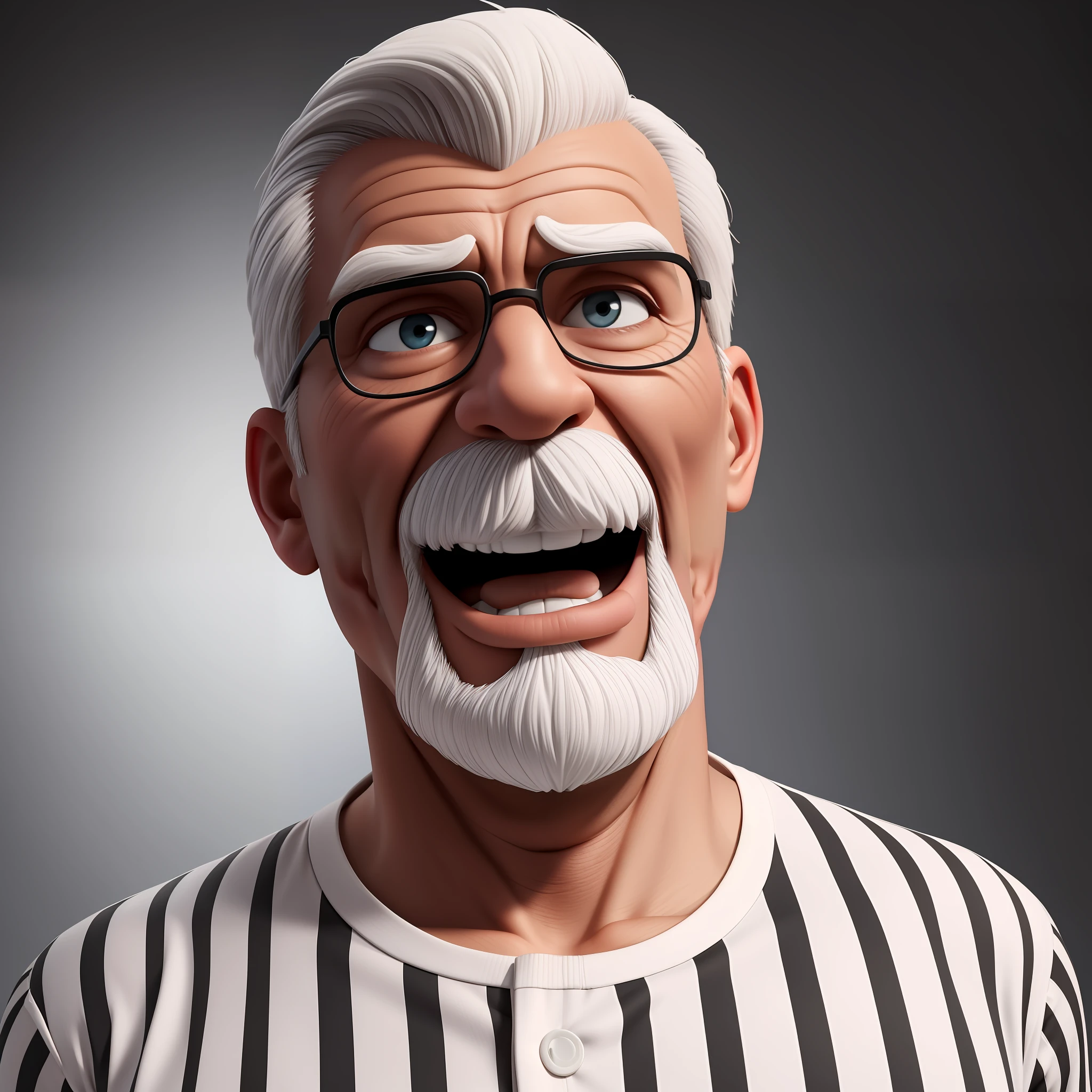Create an 8K cartoon of a happy, well-muscled, well-muscled old man in a black and white shirt. Make sure the resulting image has a cartoonish look, with vibrant colors and smooth edges. Add details to give the old man a cheerful look, such as furrowed brows and a tight mouth. Make sure that the black shirt striped with white is an important element of the image, and add details to make it attractive and interesting. Add textures and details to make the image more realistic, such as the appearance of the shirt texture and the appearance of the skin. Make sure the resulting image is high resolution, 8K quality." —c 10 —ar 2