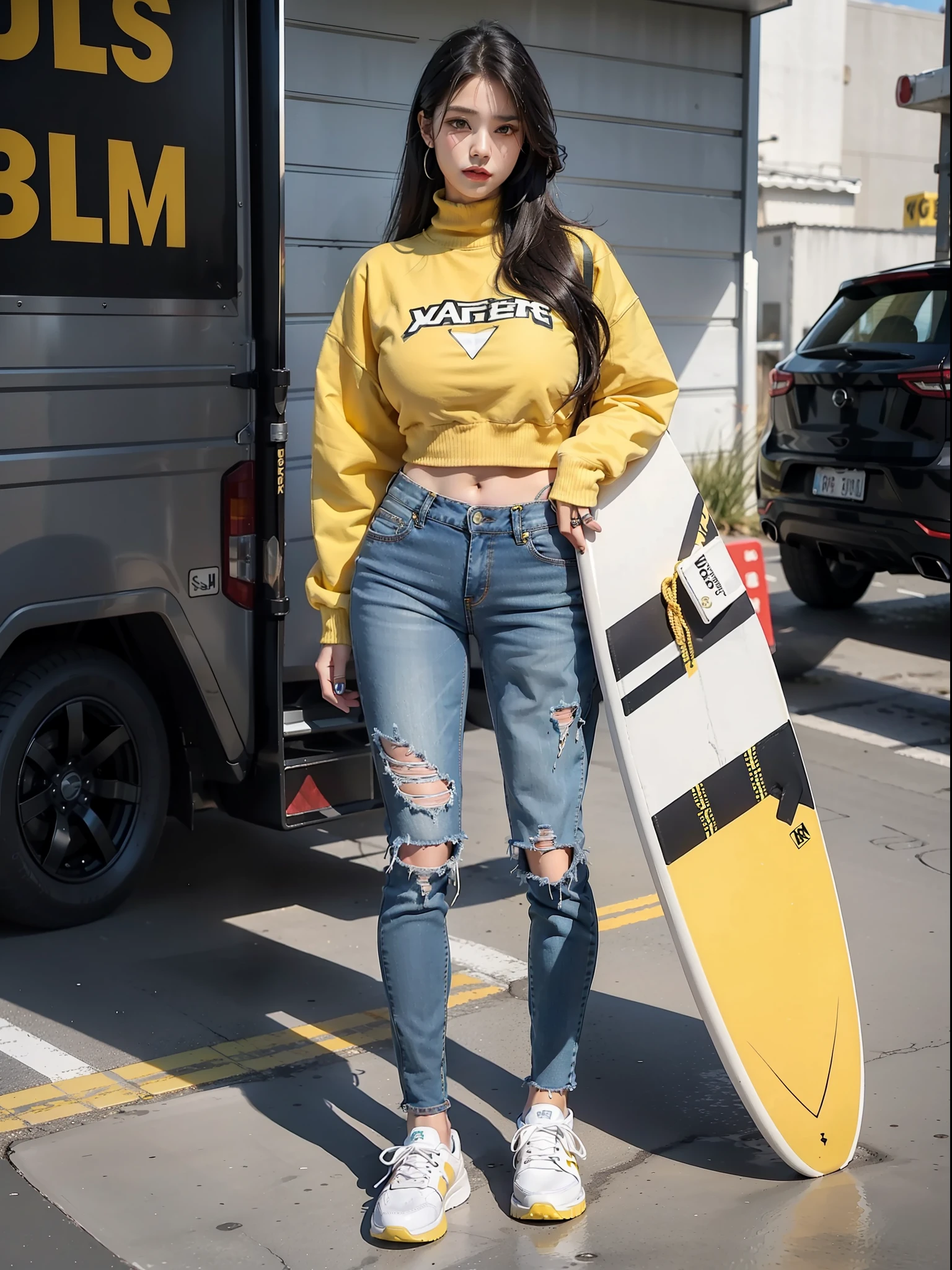 (Female: 1.2), (Big breasts: 1.2), (Mullet head), (Ring finger diamond ring) (Outerwear), (Black Jeans), (Yellow Board Shoes), (Spring Clothes), Full Body, Masterpiece, Realism