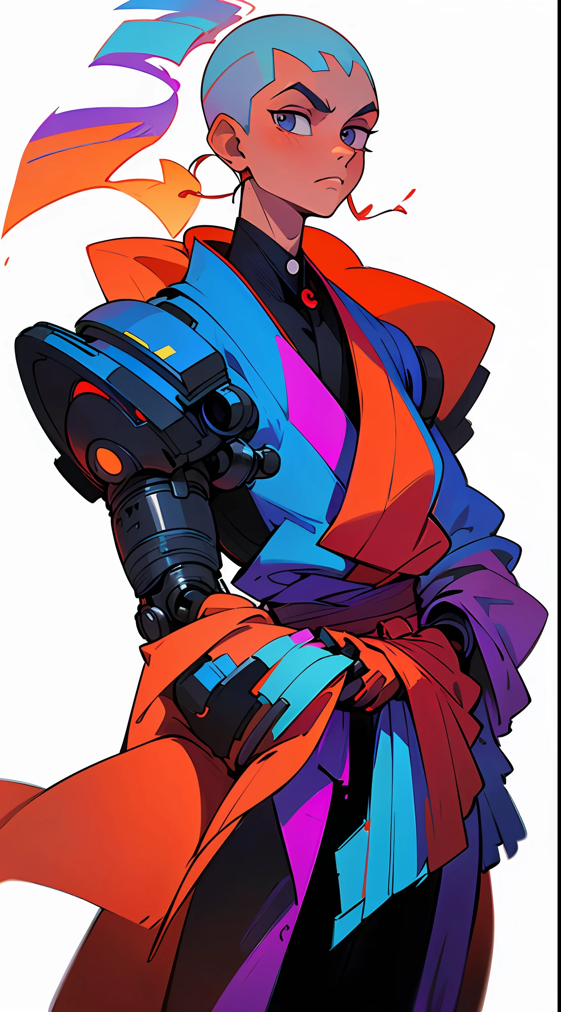 frontal face,((front view)),center shot,upper body, colorful cyber kimono,((32k, 8k, masterpiece,high quality)), a man,((skin head)),((upright)), solo,1man,cowboy shot,full body,looking at biewer,((white background,simple background))