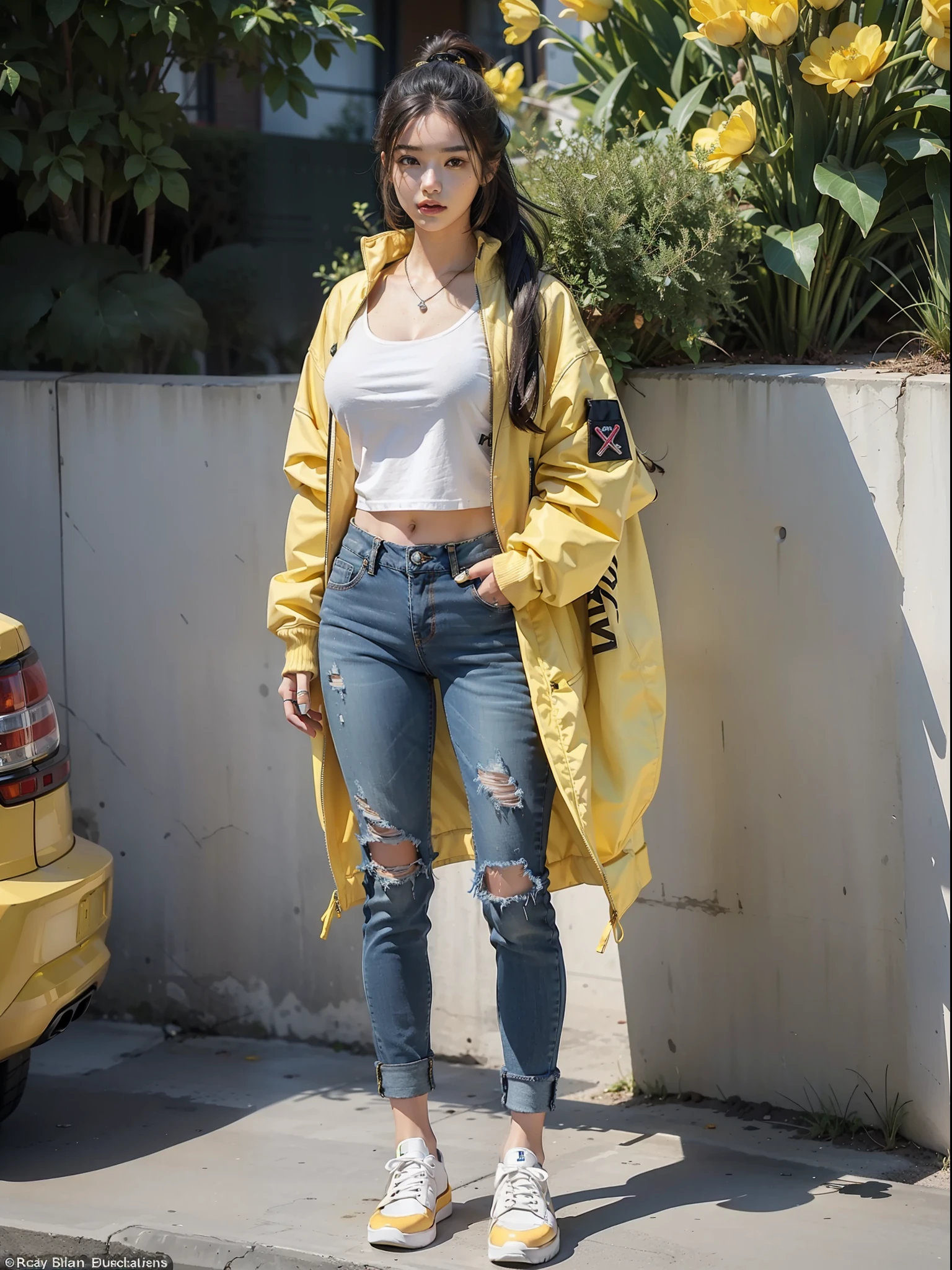 (Female: 1.2), (Big breasts: 1.2), (Mullet head), (Ring finger diamond ring) (Outerwear), (Black Jeans), (Yellow Board Shoes), (Spring Clothes), Full Body, Masterpiece, Realism