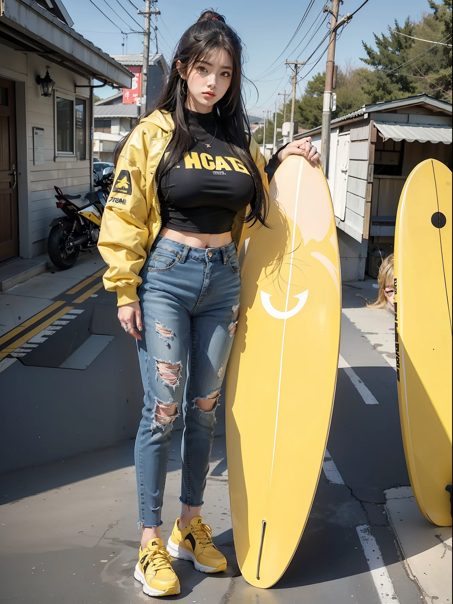(Female: 1.2), (Big breasts: 1.2), (Mullet head), (Ring finger diamond ring) (Outerwear), (Black Jeans), (Yellow Board Shoes), (Spring Clothes), Full Body, Masterpiece, Realism