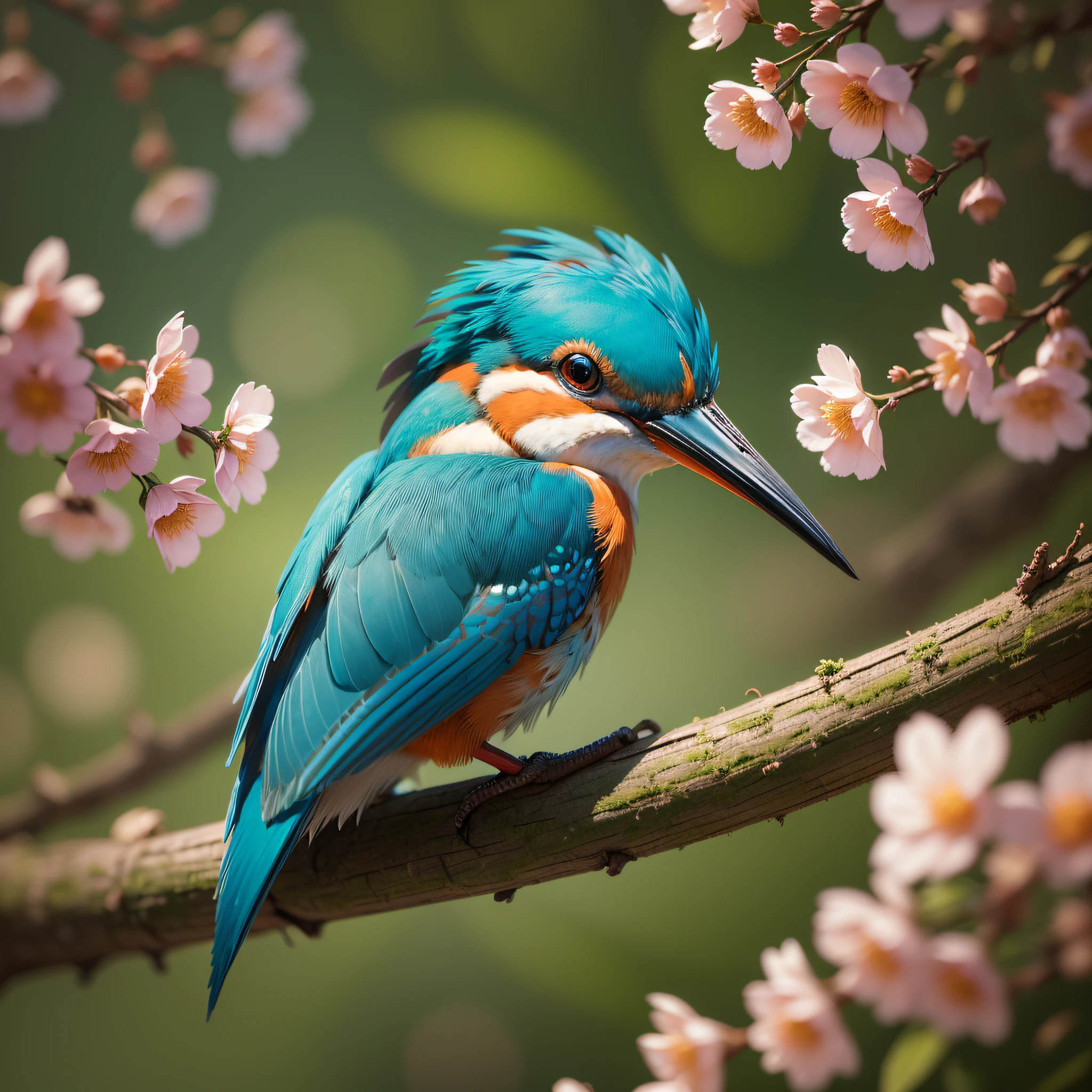There is a kingfisher sitting on a branch with flowers, highly realistic photo, trending at 5 0 0 pixels, trending at 500 pixels, beautiful nature, beautiful photo by Matija Jama, nature photo, kingfisher f cgsociety, by Liang Kai, colorful kingfisher with a very long, very beautiful photo, by Juergen von Huendeberg --auto --s2